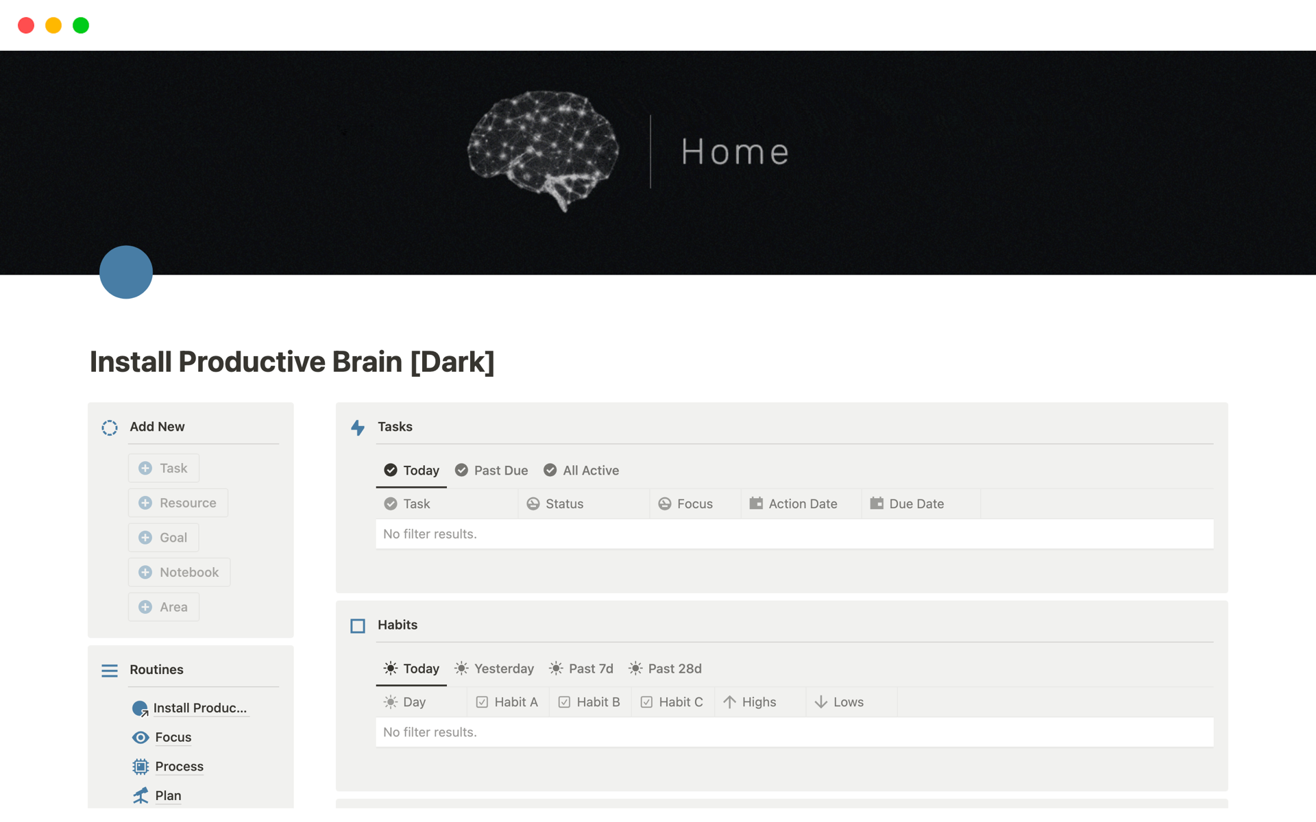 A template preview for Productive Brain (Lifetime Updates)
