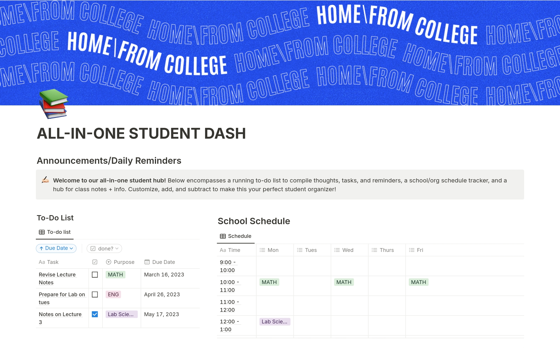 All-In-One Student Dashboardのテンプレートのプレビュー