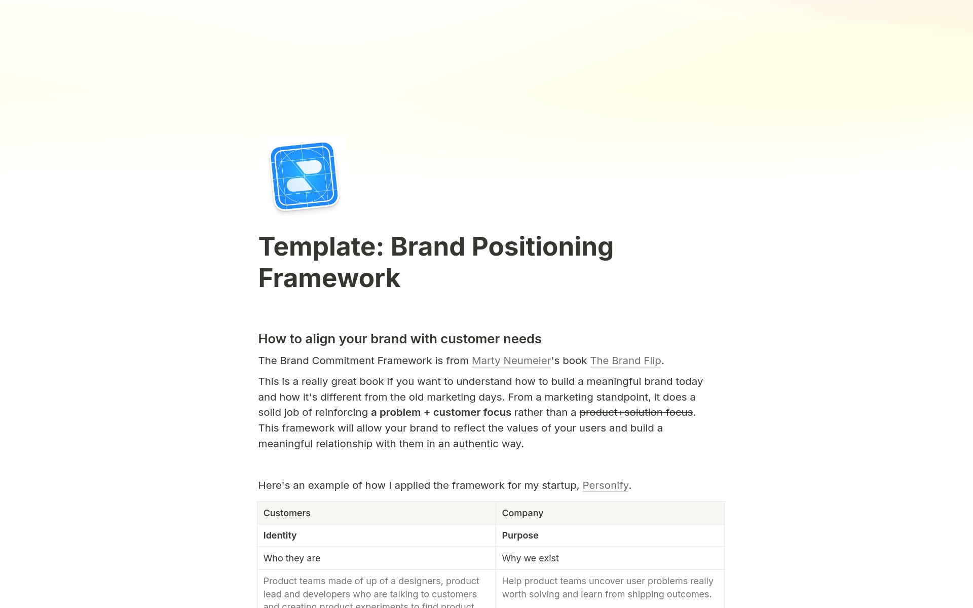A template preview for Brand Positioning Framework