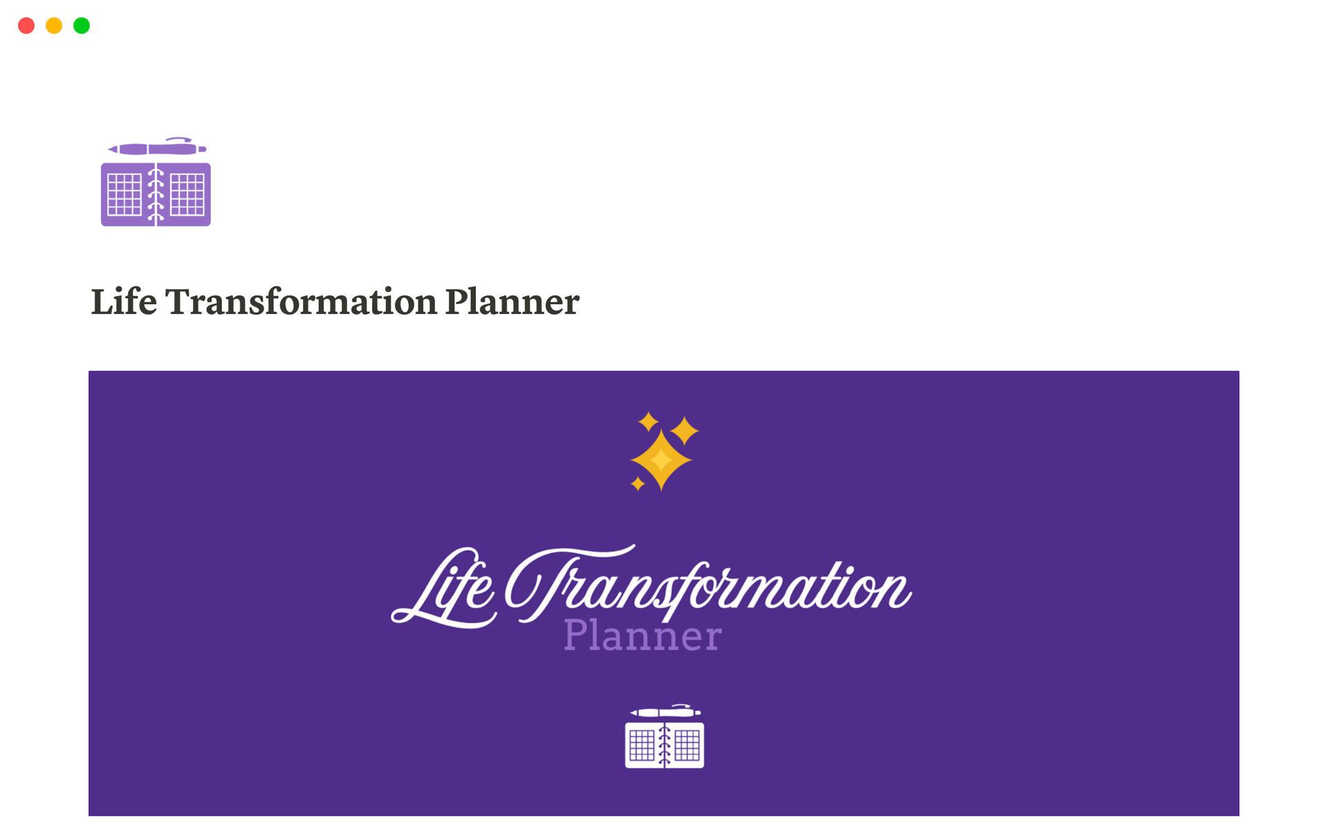 A template preview for Life Transformation Planner