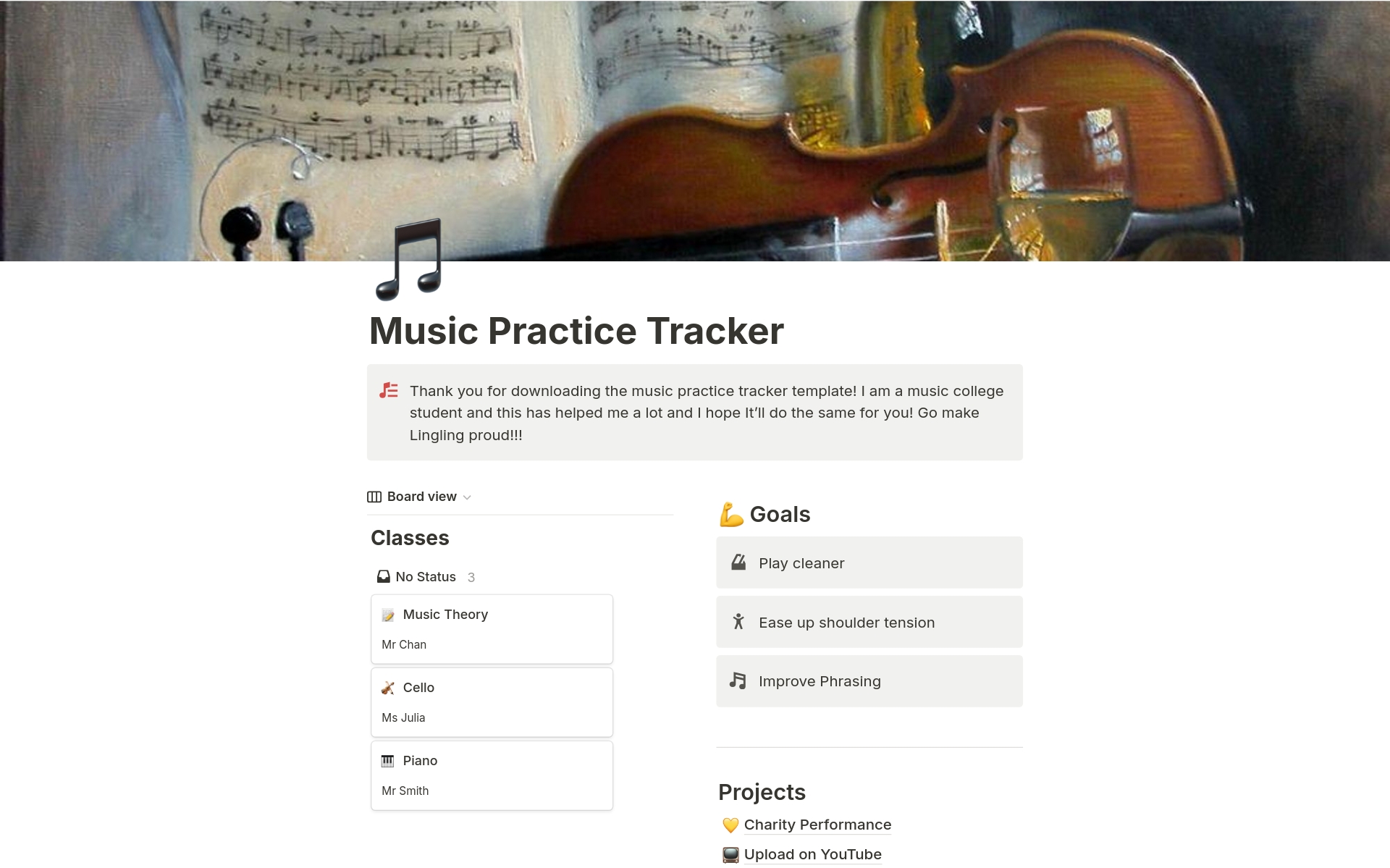 A template preview for Music Practice Tracker