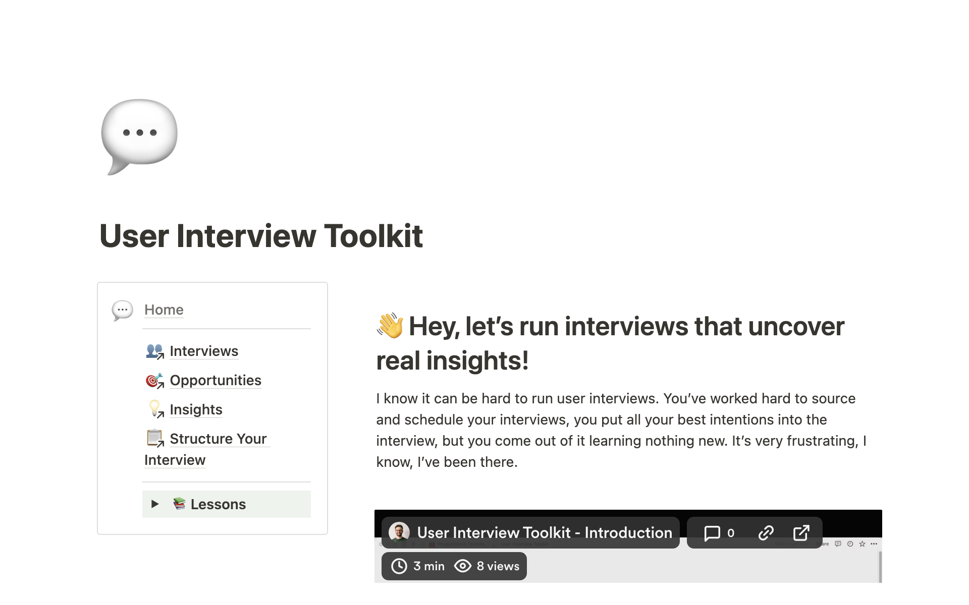 Vista previa de una plantilla para User Interview Toolkit