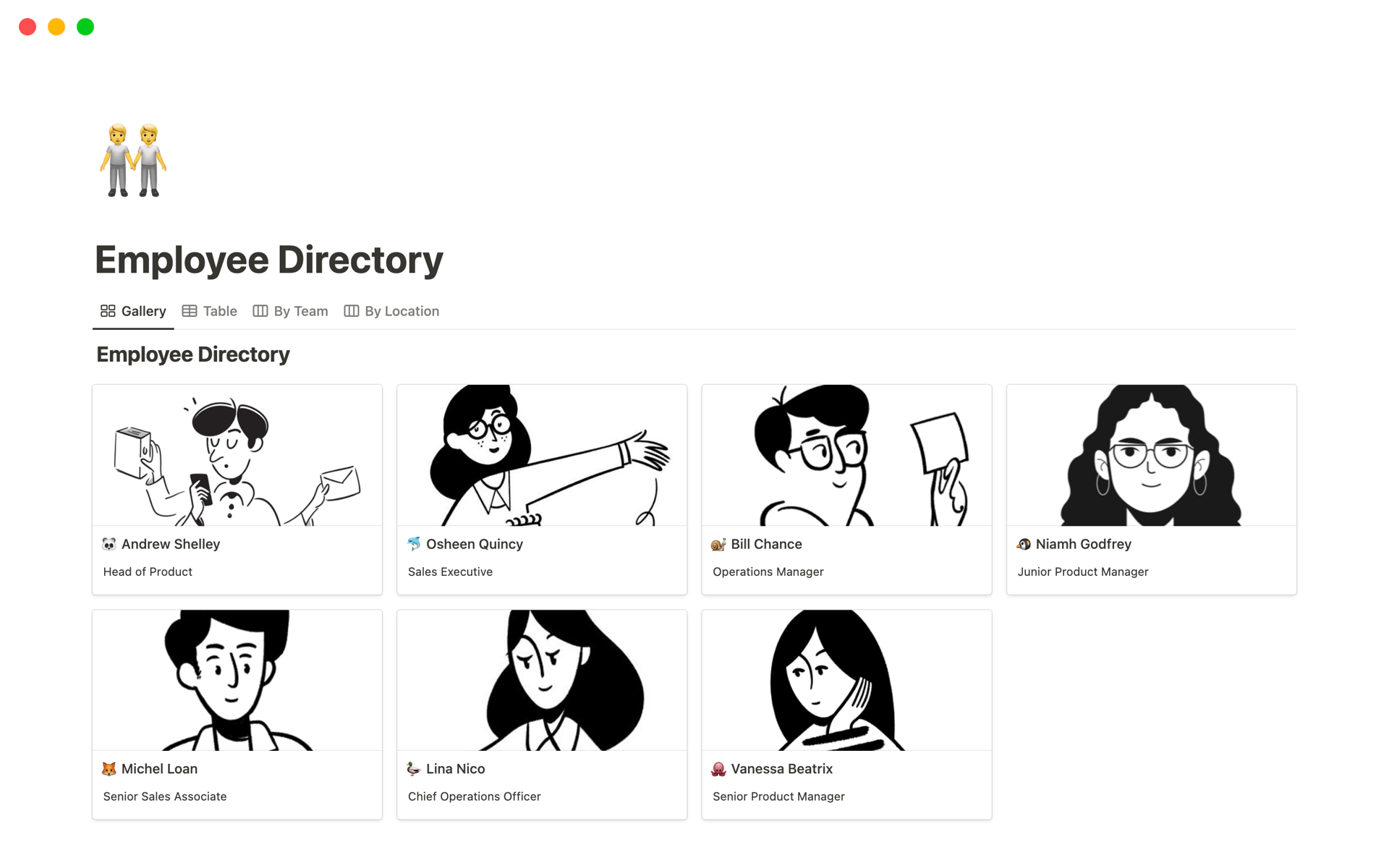 Uma prévia do modelo para Employee Directory