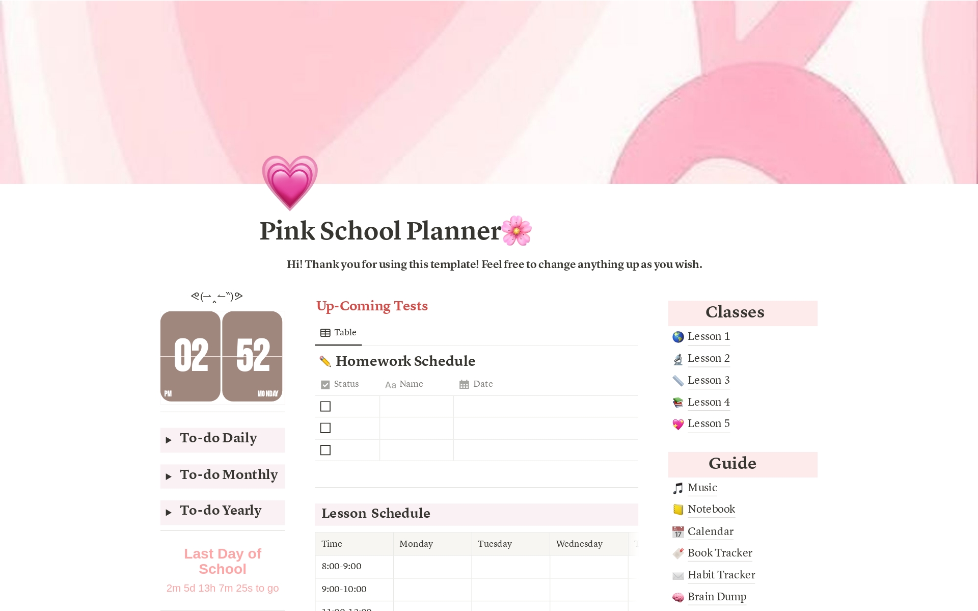 This is a pink school planner which is one of a collection of coloured planners, if you would like to see a specific type of planner, feel free to comment on my website,which is on my notion profile page, with your ideas! 