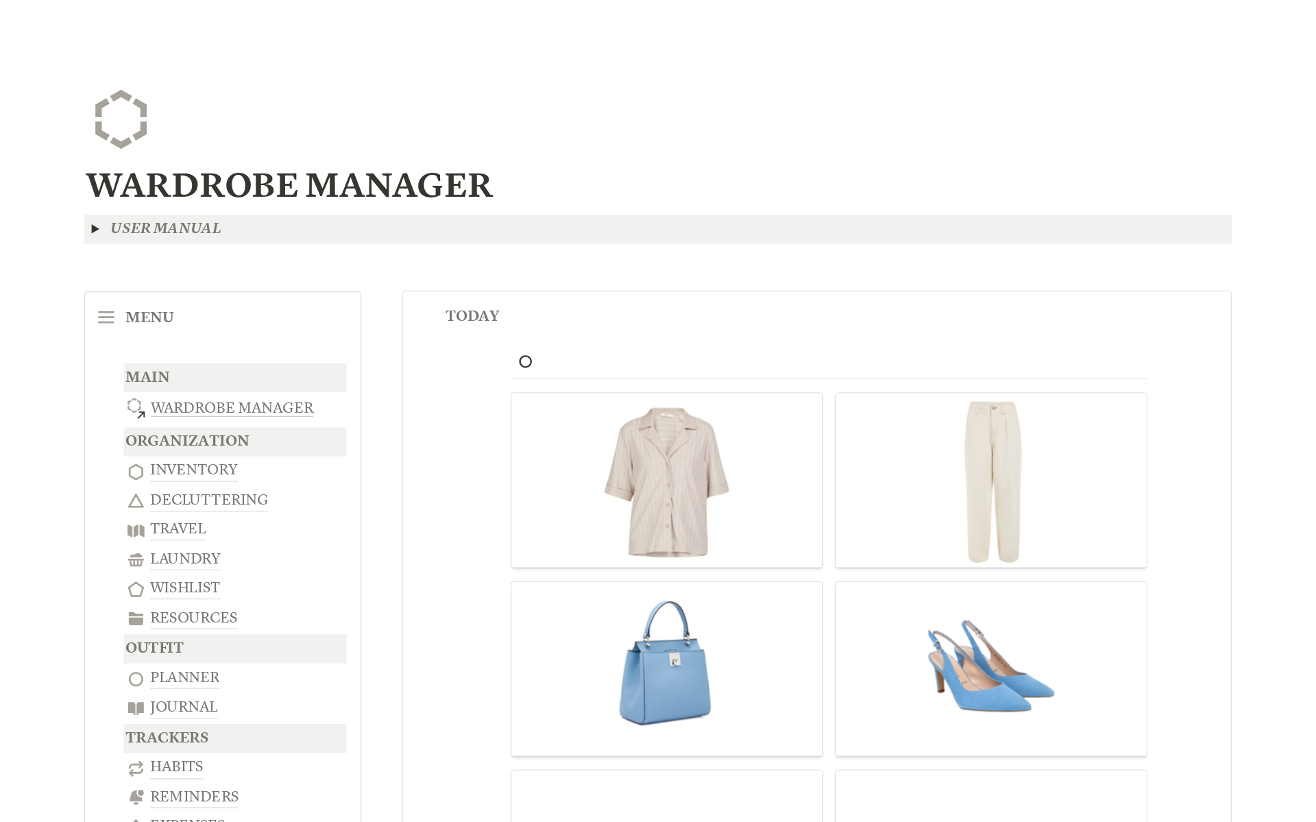 Streamline your wardrobe with our Wardrobe Manager. Easily categorize clothes, plan weekly outfits, and track style choices. Smart decluttering and spending tracking included. Manage laundry and travel outfits all in one place!