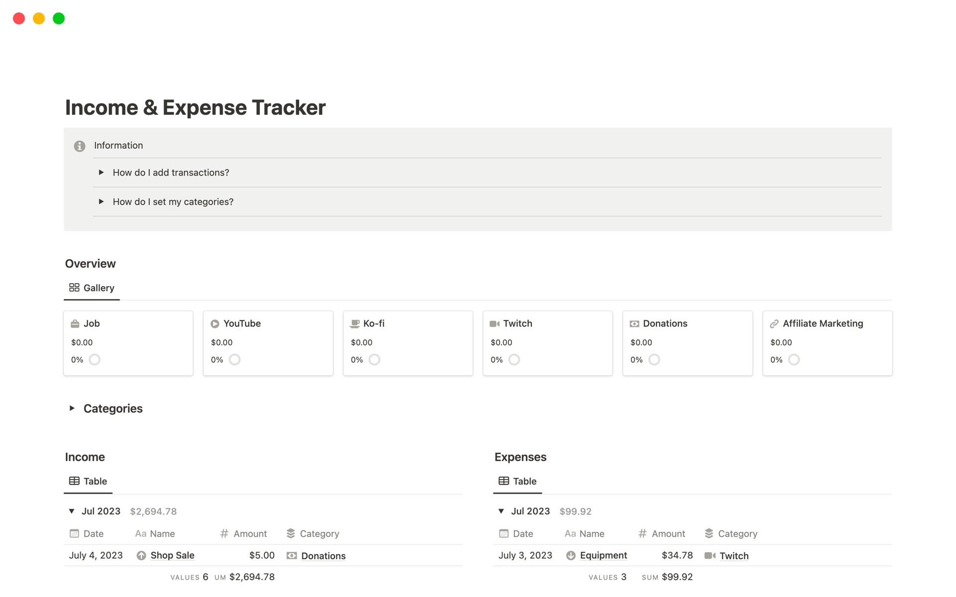 Vista previa de una plantilla para Income & Expense Tracker