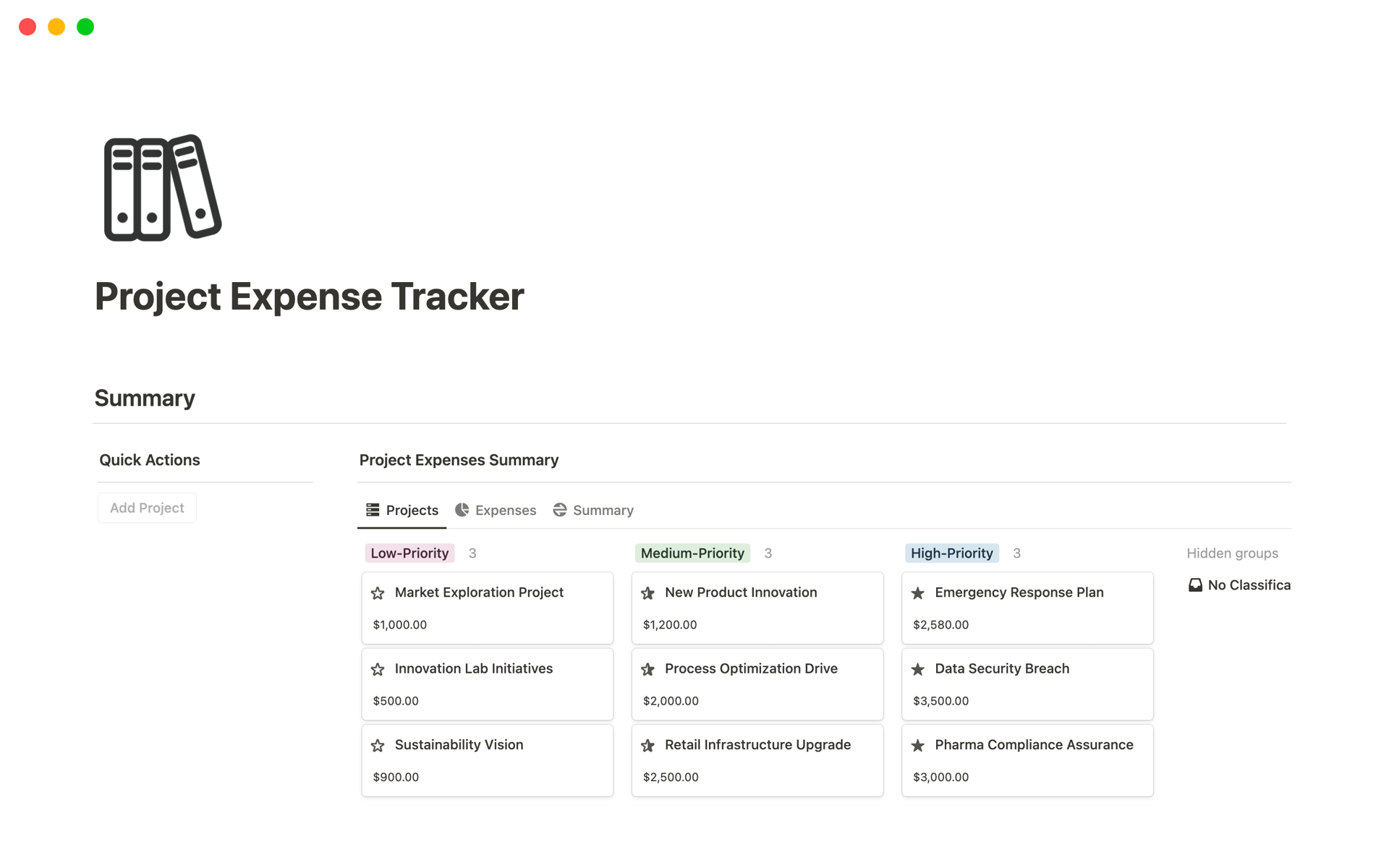 Vista previa de una plantilla para Project Expense Tracker