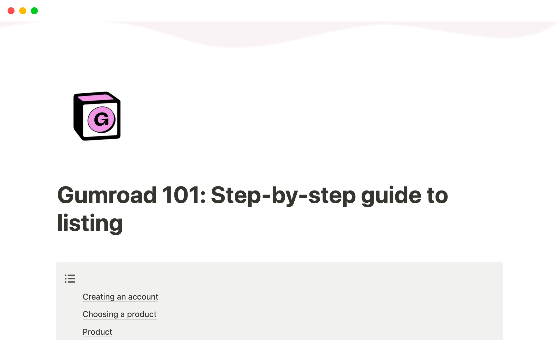 A template preview for Gumroad 101: Step-by-step guide to listing - Notion Ebook
