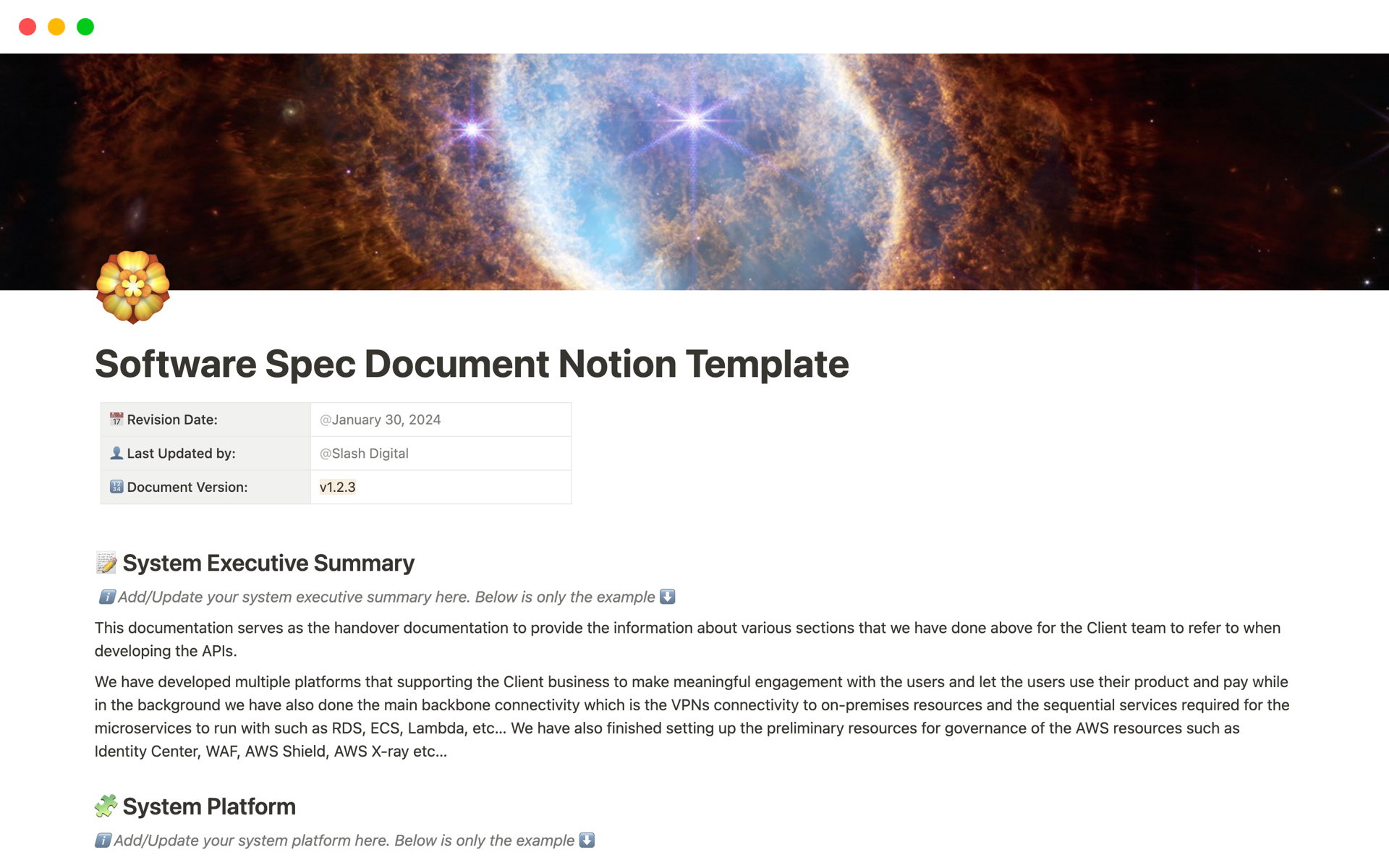A template preview for Software Spec Document