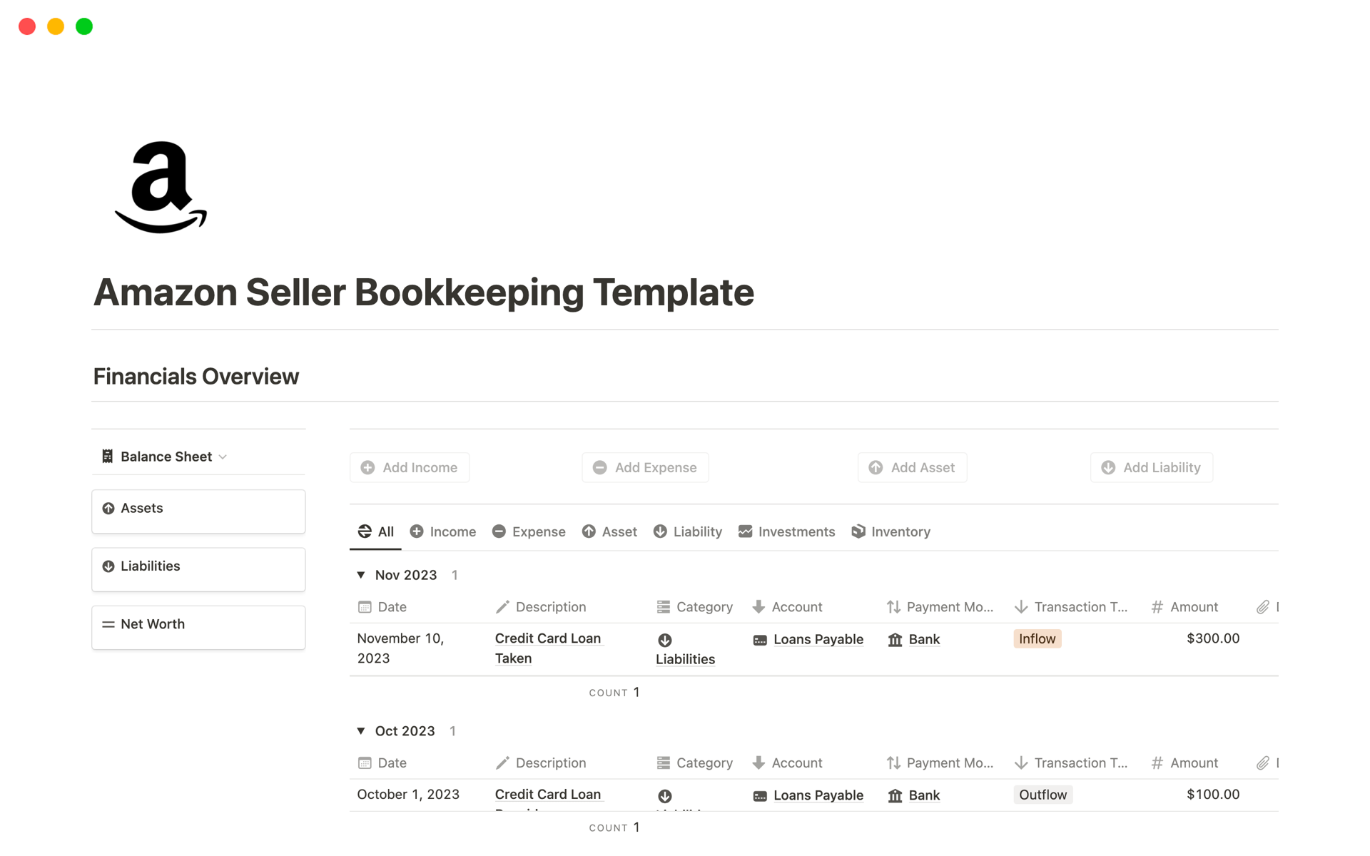 Amazon Seller Bookkeeping Notion Template