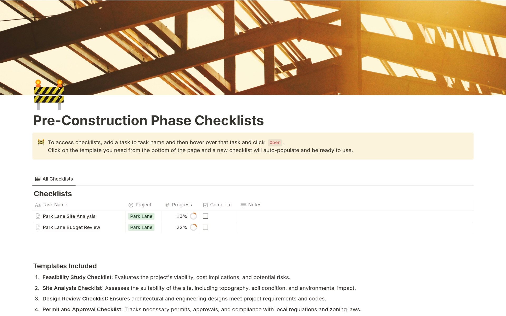 A template preview for Pre-Construction Phase Checklists