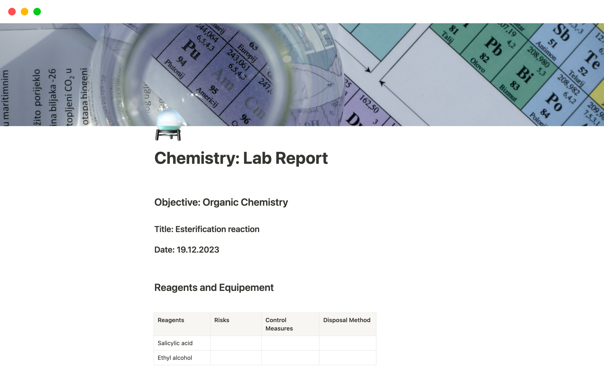 Writing lab reports in chemistry is hard. An easier and fun way is a template! The template consists of all the parts a student needs in his lab report in chemistry and a few filled in examples with the example of an esterification reaction.