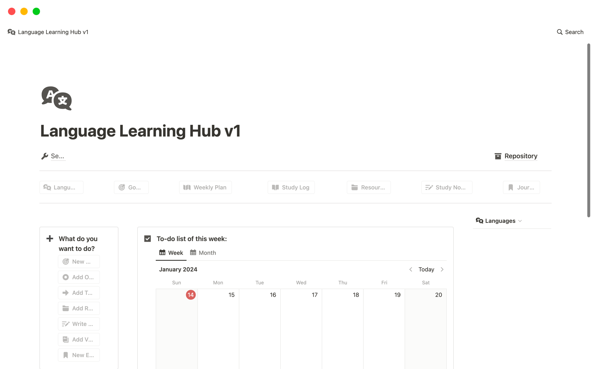 Language Learning Hub by Pirin Notion Template