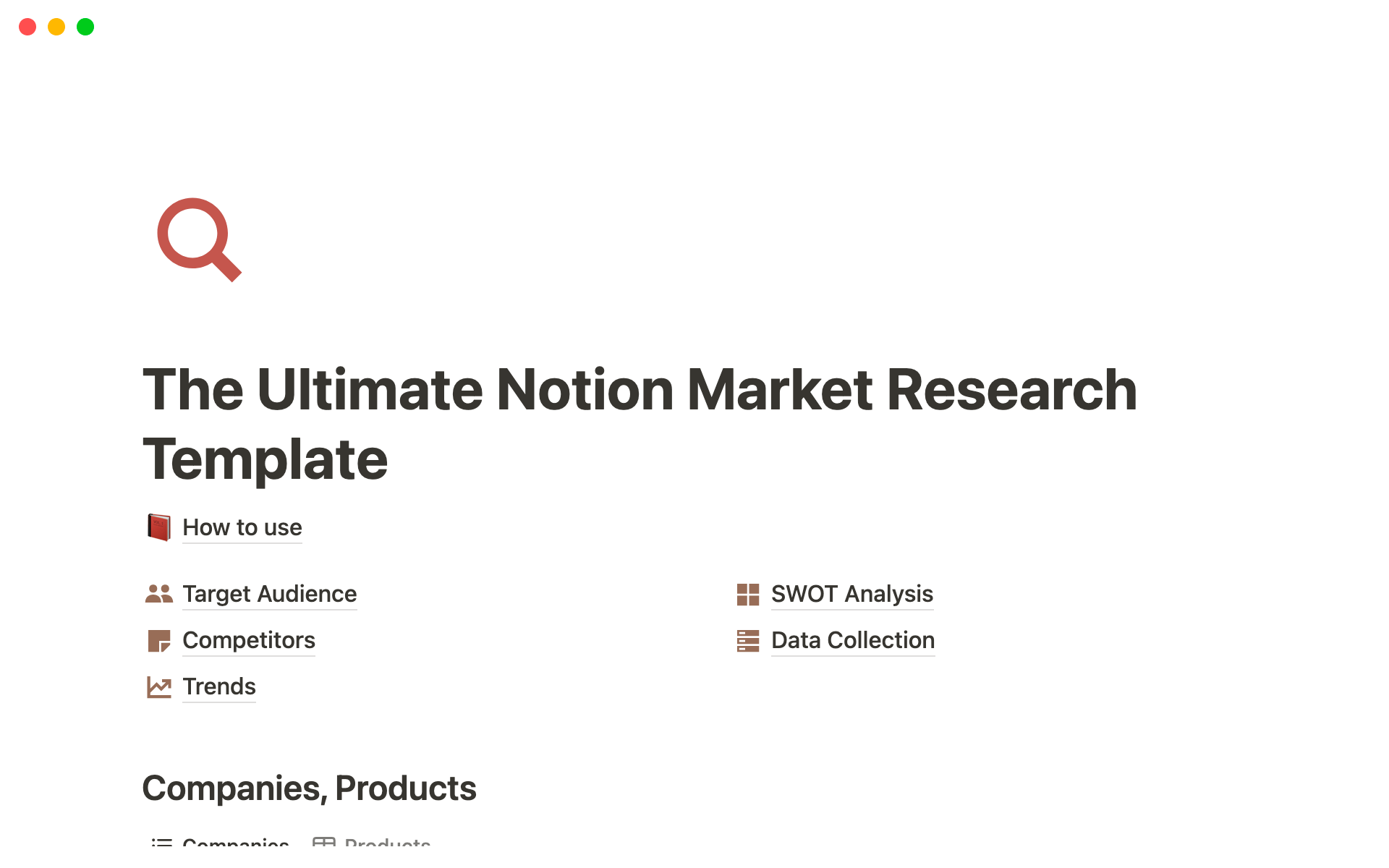 Uma prévia do modelo para The Ultimate Notion Market Research Template