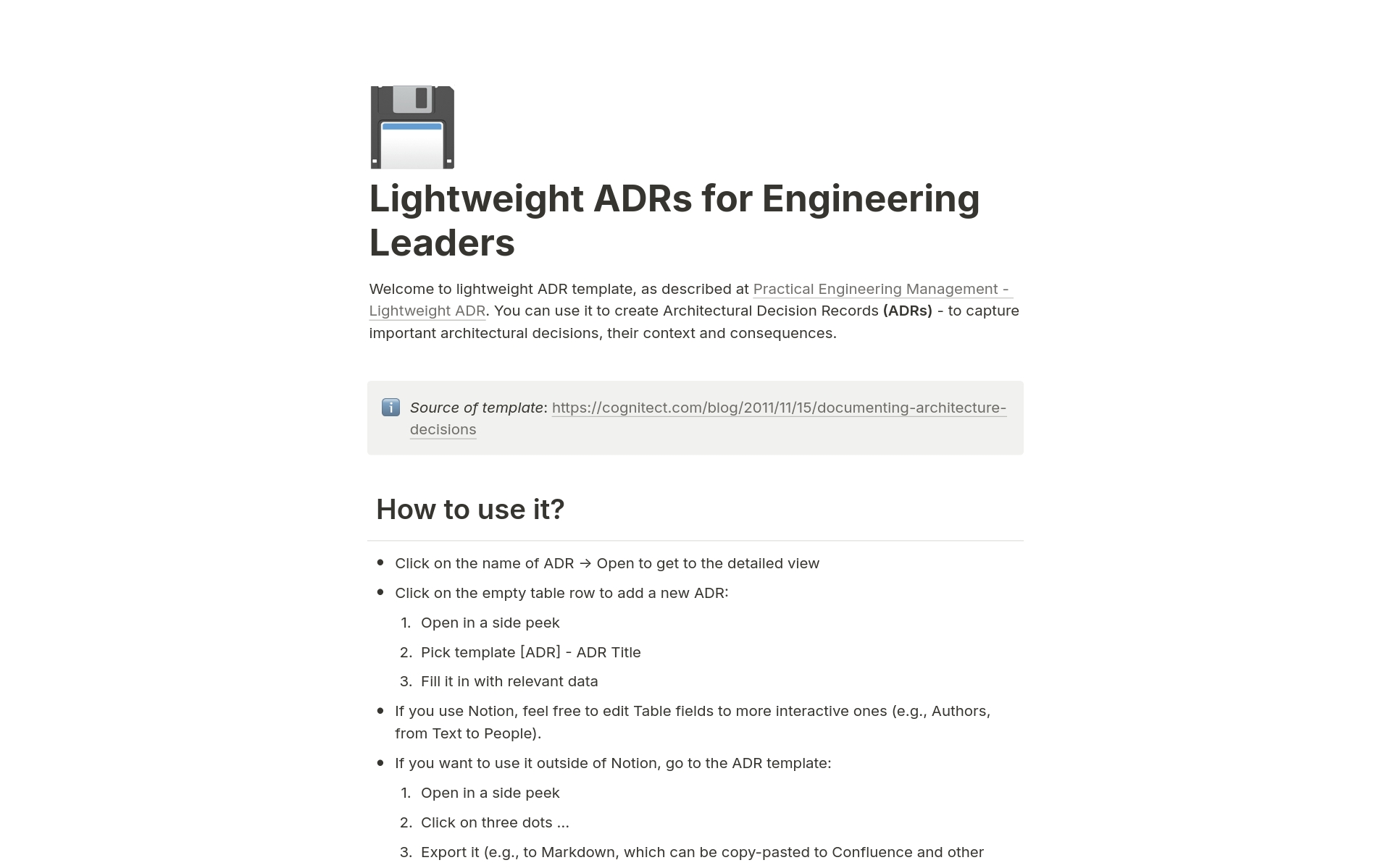 Vista previa de una plantilla para Lightweight ADRs for Engineering Leaders