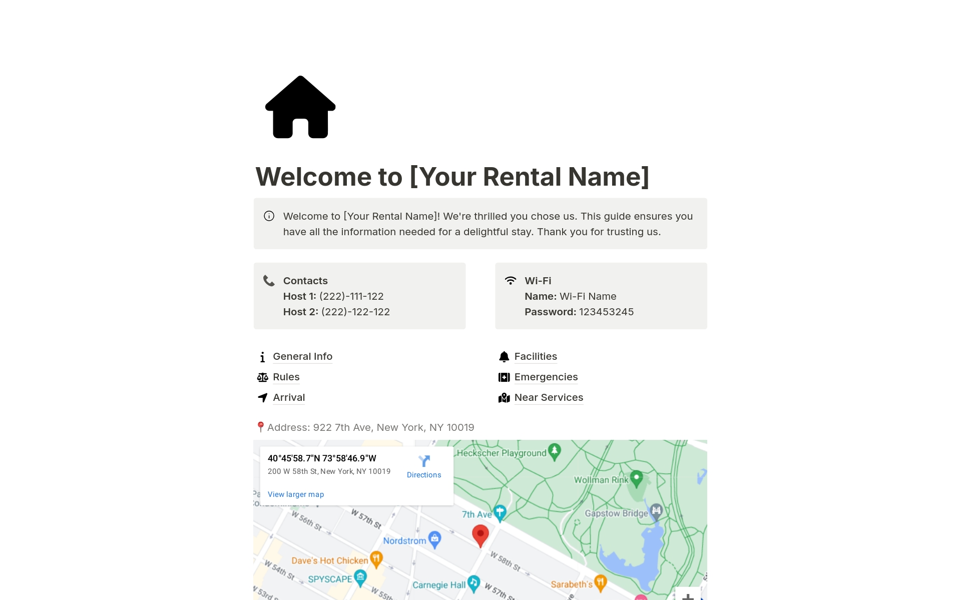Every Airbnb Superhost must communicate well with their guests; sharing all the details over text or phone is complex, and they always ask you the same thing again. With this Notion template, you can share all the details of your accommodation with your guests quickly and simply.