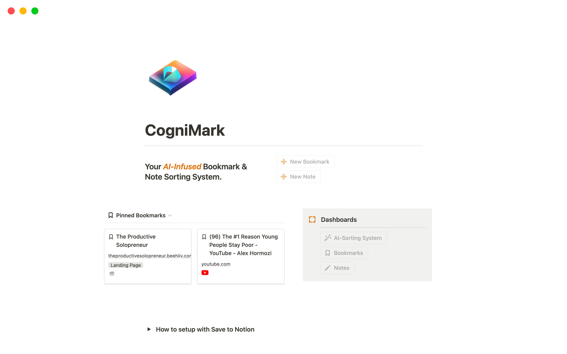 A template preview for CogniMark -The AI Self-Sorting Bookmark System