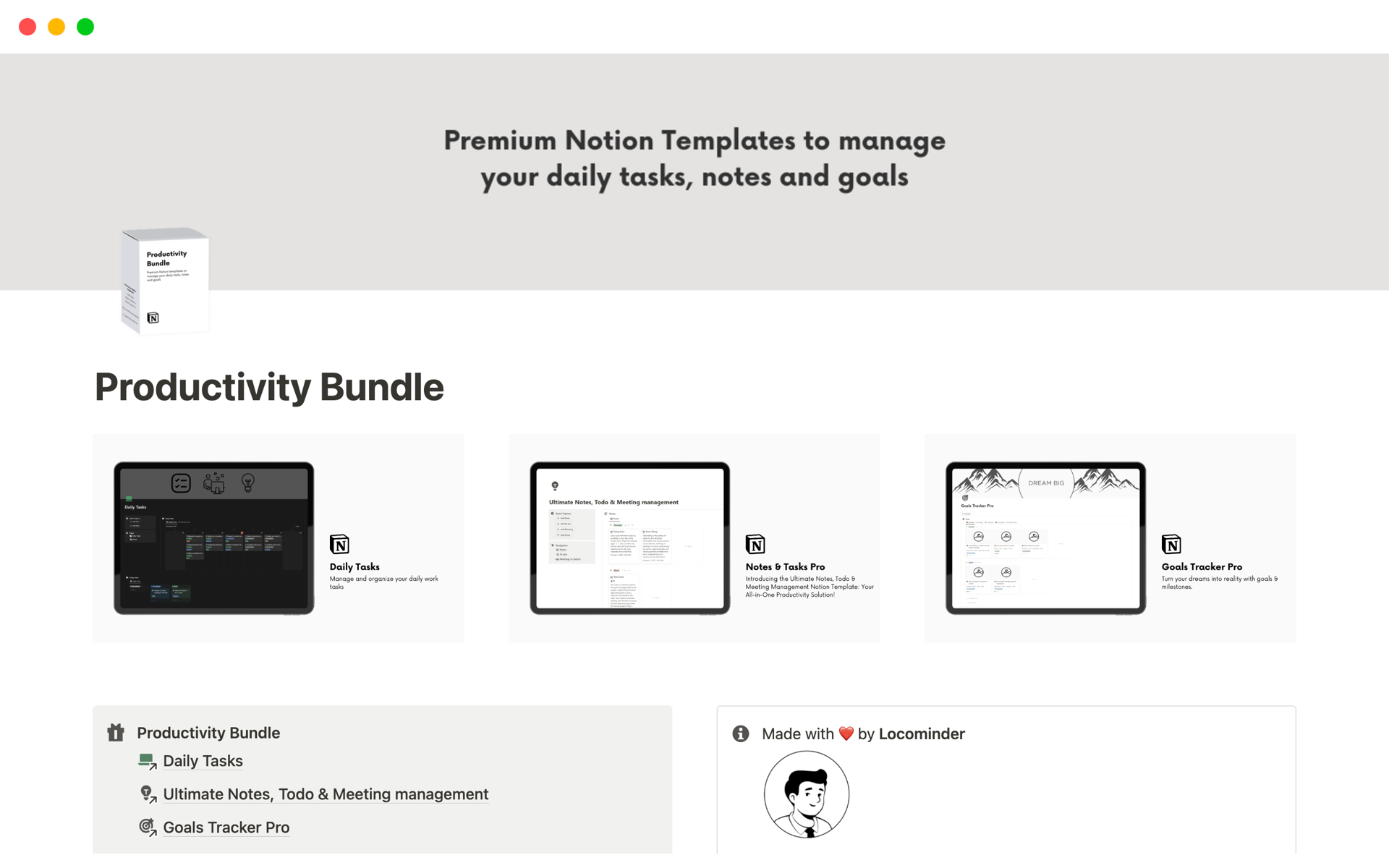 A template preview for Productivity Bundle