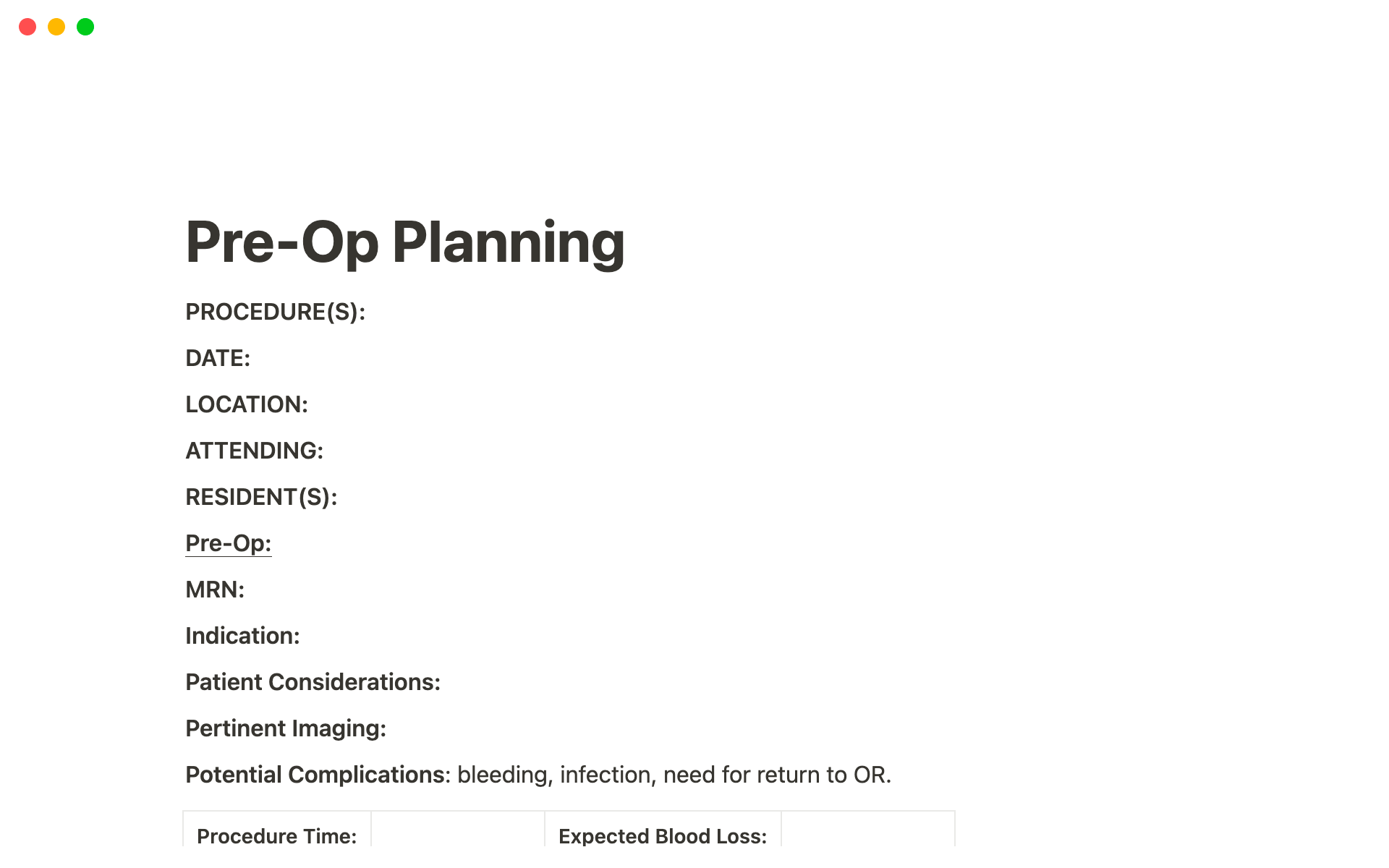 Quick blank template for pre-operative planning to keep track of surgical operations.