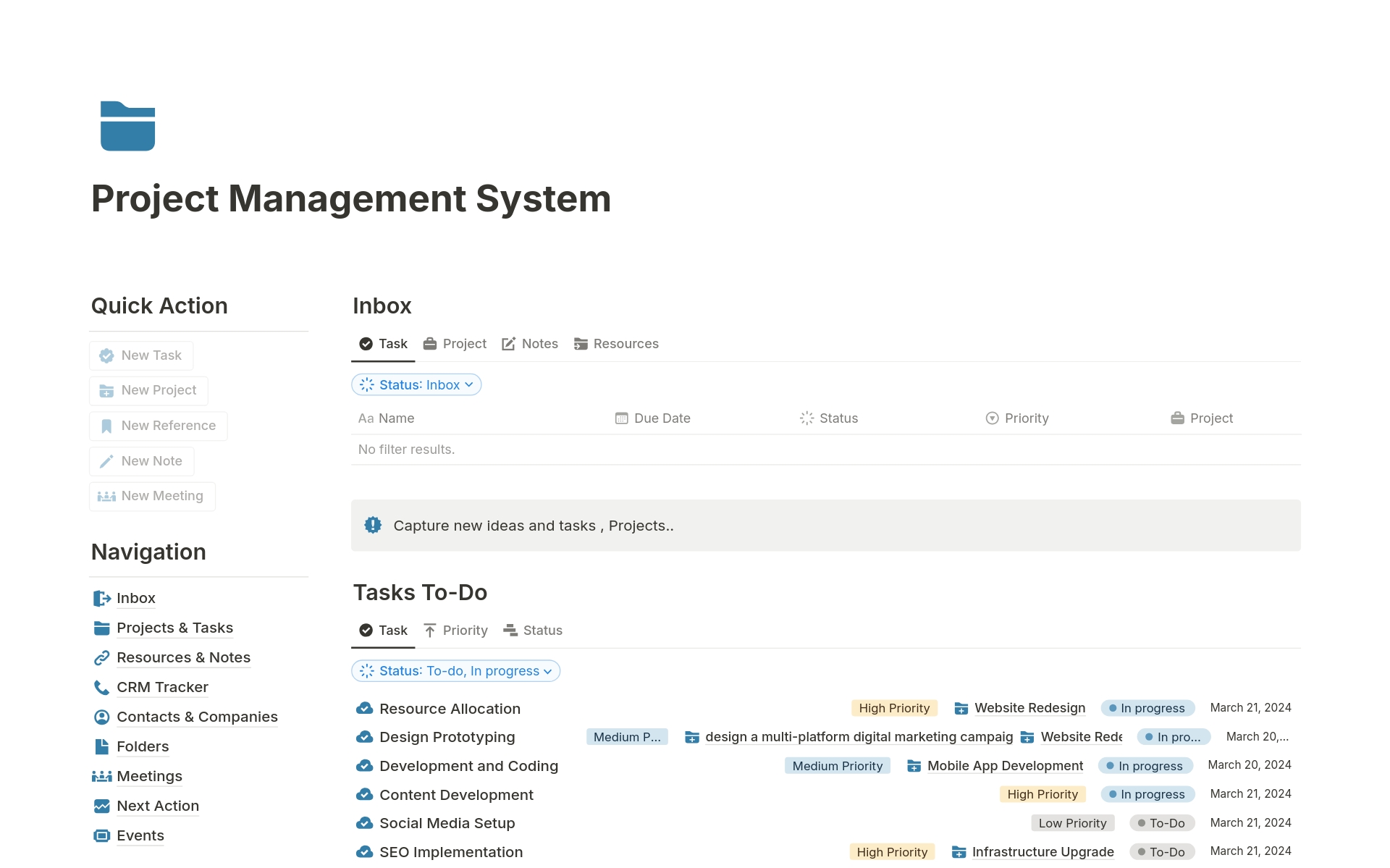 Project Management System のテンプレートのプレビュー