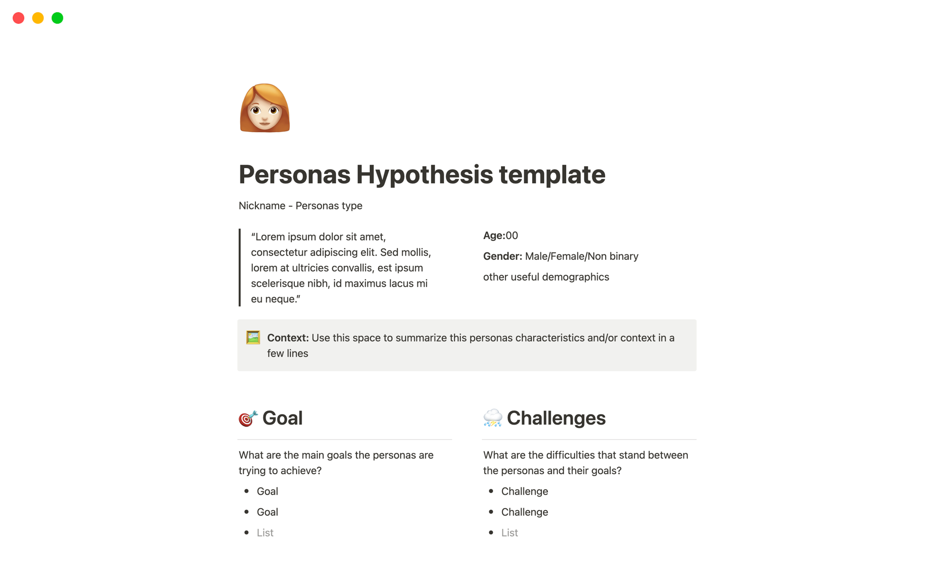 A template preview for Personas Hypothesis