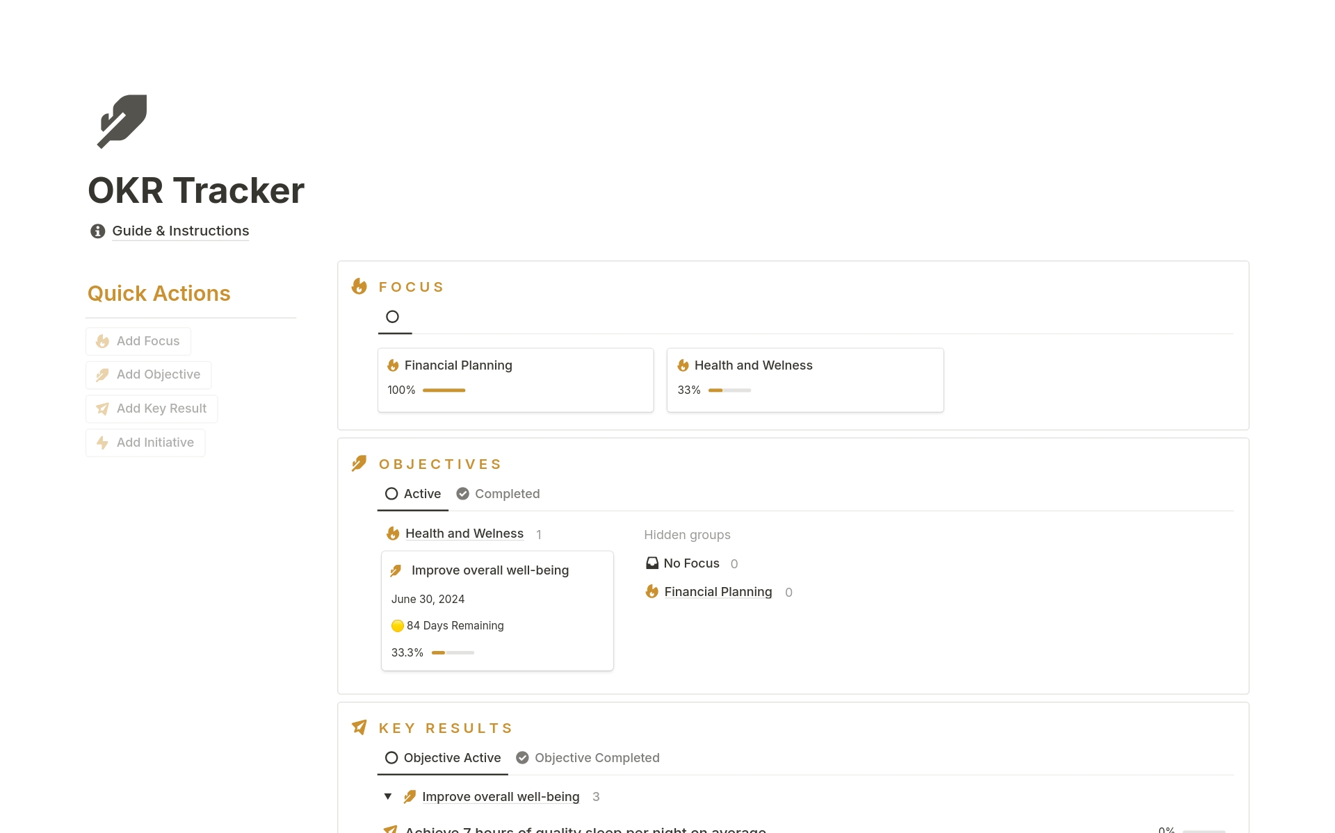 Unlock your potential with this Notion OKR Tracker. Seamlessly manage Focus Areas, Objectives, Key Results, and Initiatives for streamlined goal achievement and strategic success.