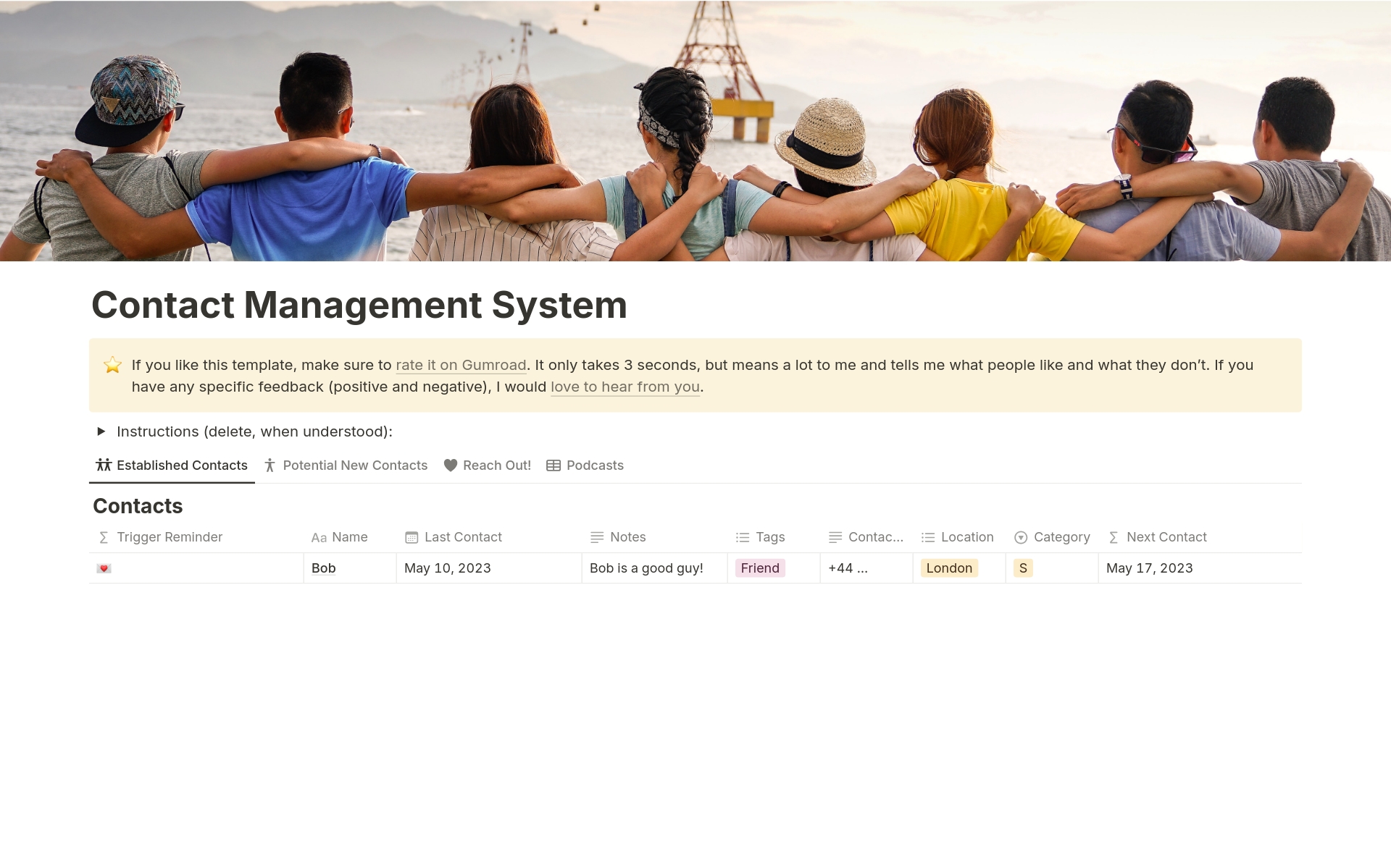 A template preview for Contact Management System