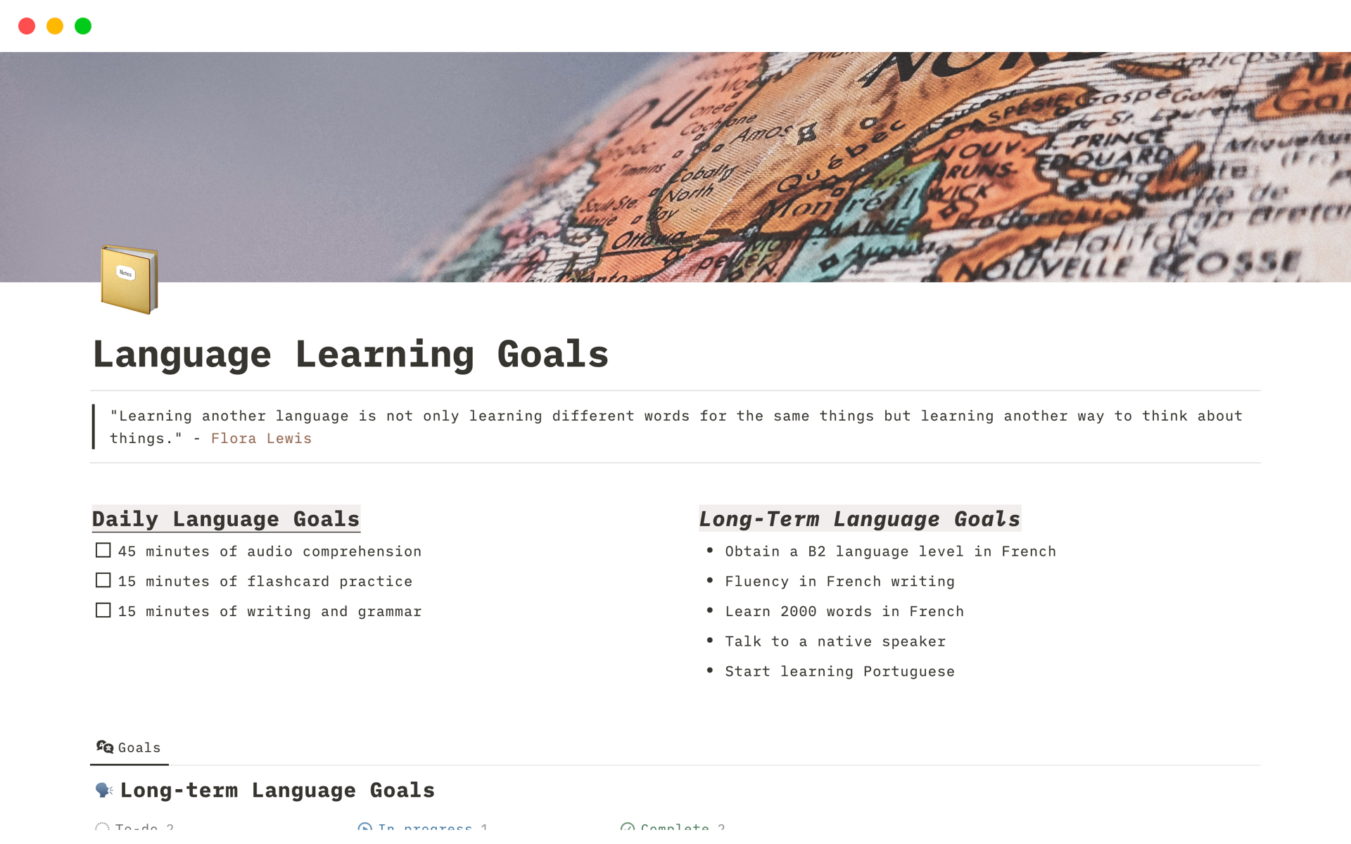 Eine Vorlagenvorschau für Language Learning