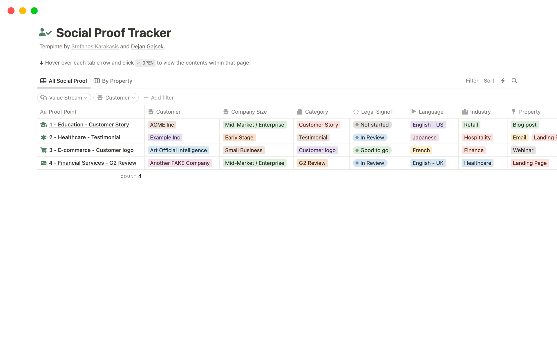 Vista previa de una plantilla para Social Proof Tracker