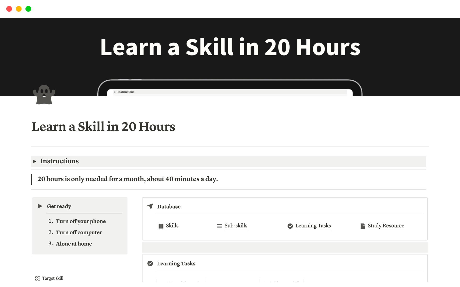 A template preview for Learn a Skill in 20 Hours