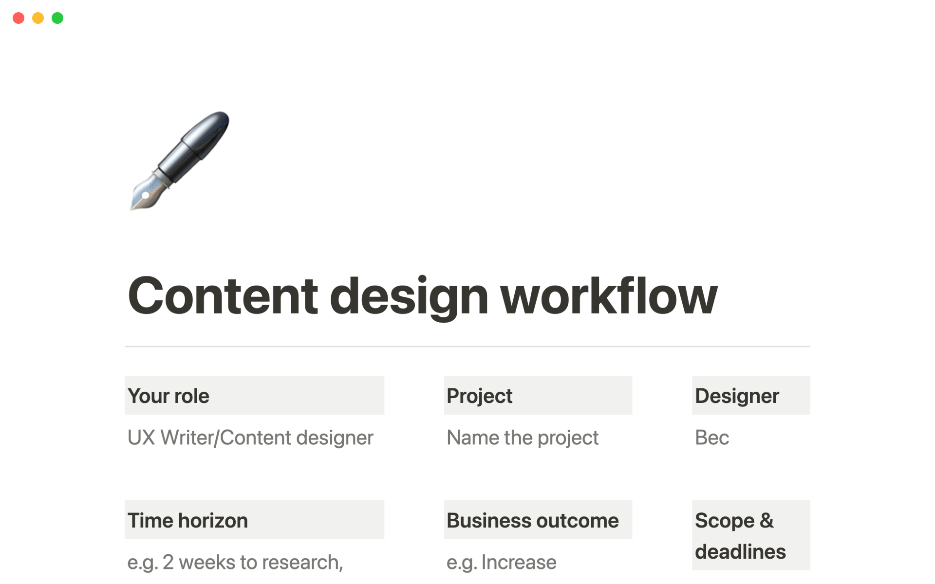 A template preview for Content design workflow