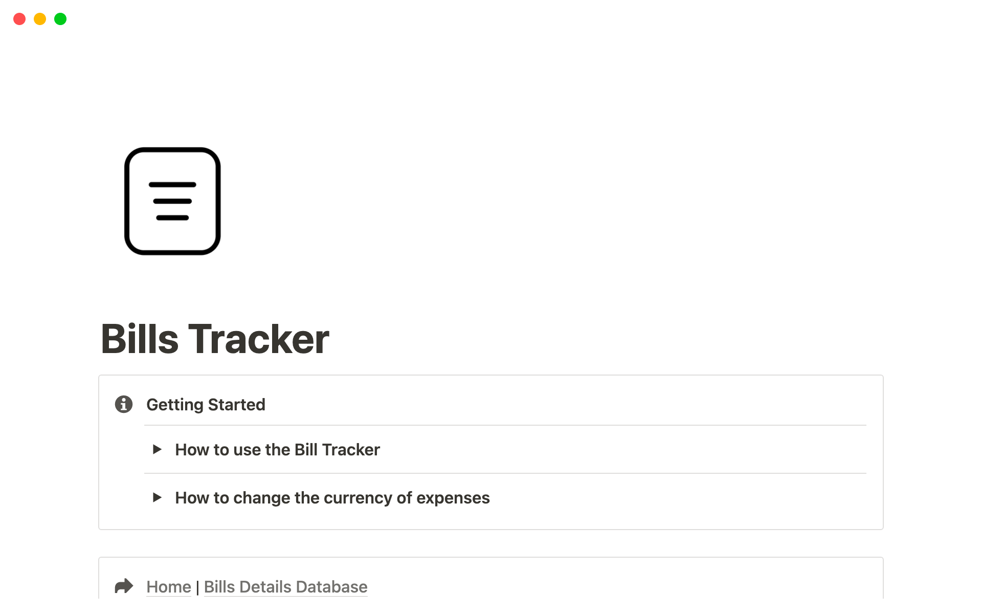 Vista previa de una plantilla para Notion Bills Tracker
