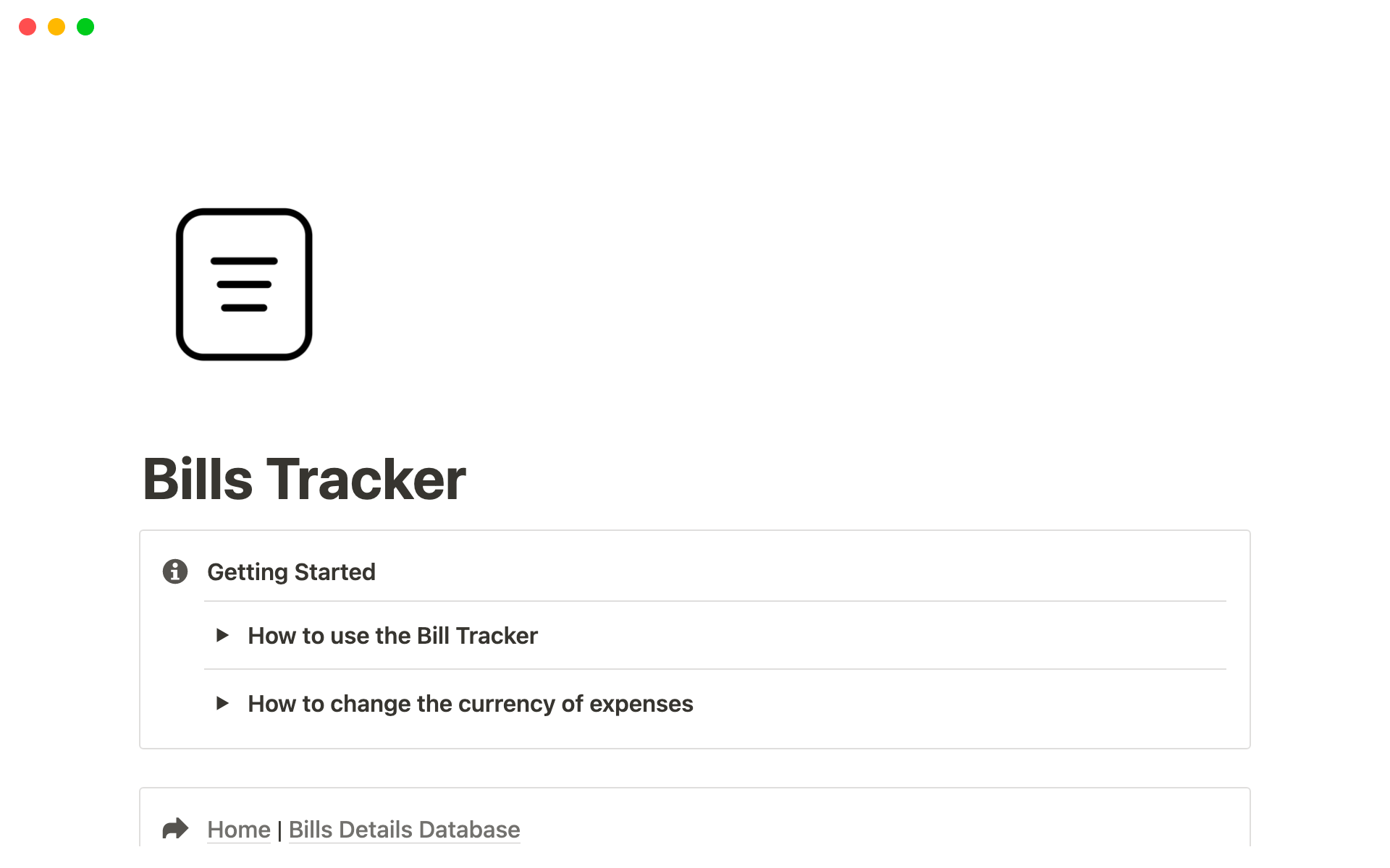 Uma prévia do modelo para Notion Bills Tracker