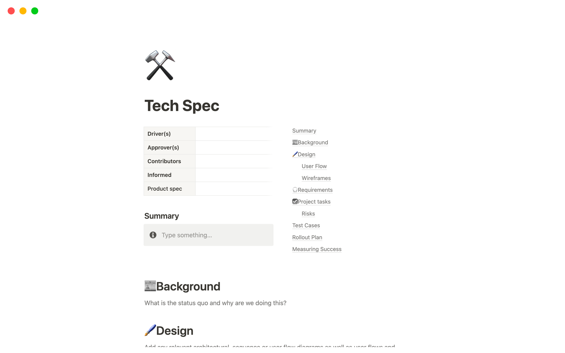 A template preview for Tech Spec