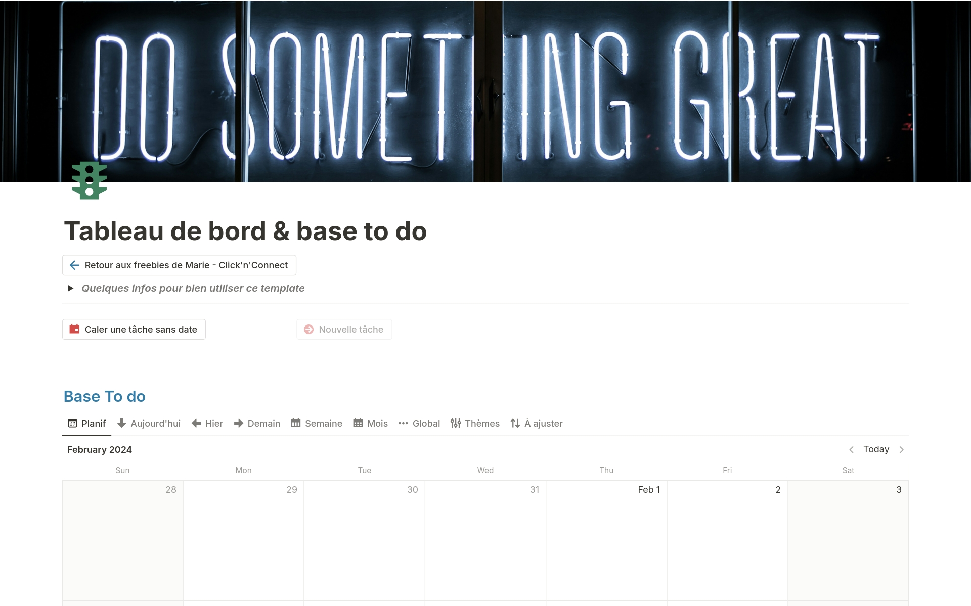A template preview for Tableau de bord & base to do