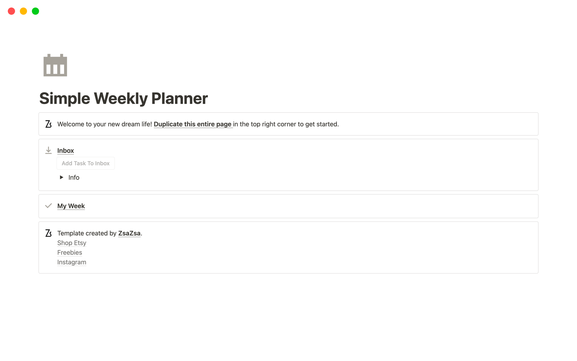 Vista previa de una plantilla para Simple Weekly Planner