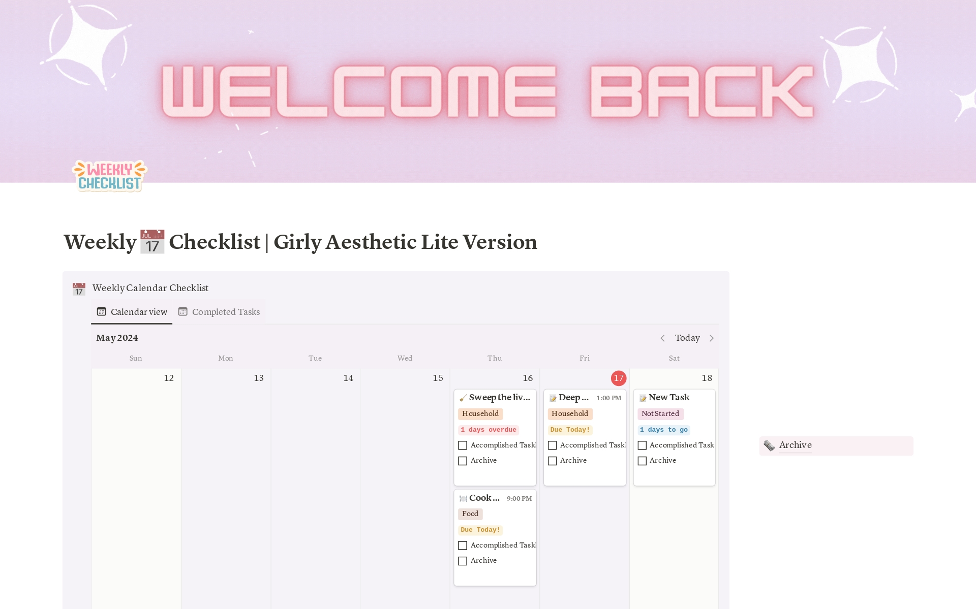 A template preview for Weekly 📅 Checklist | Girly Aesthetic Lite Version
