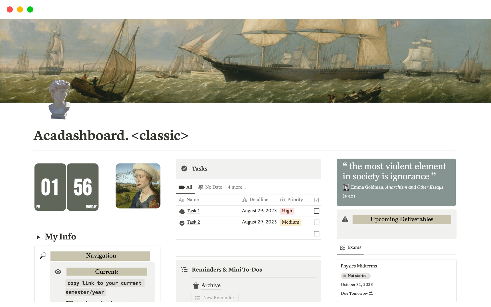 A template preview for Acadashboard: Classical