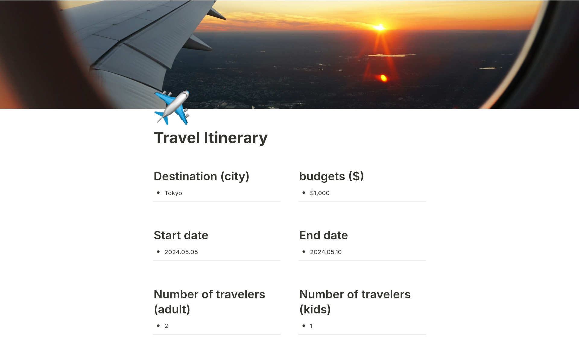 A template preview for A Simple One-Page AI Travel Itinerary