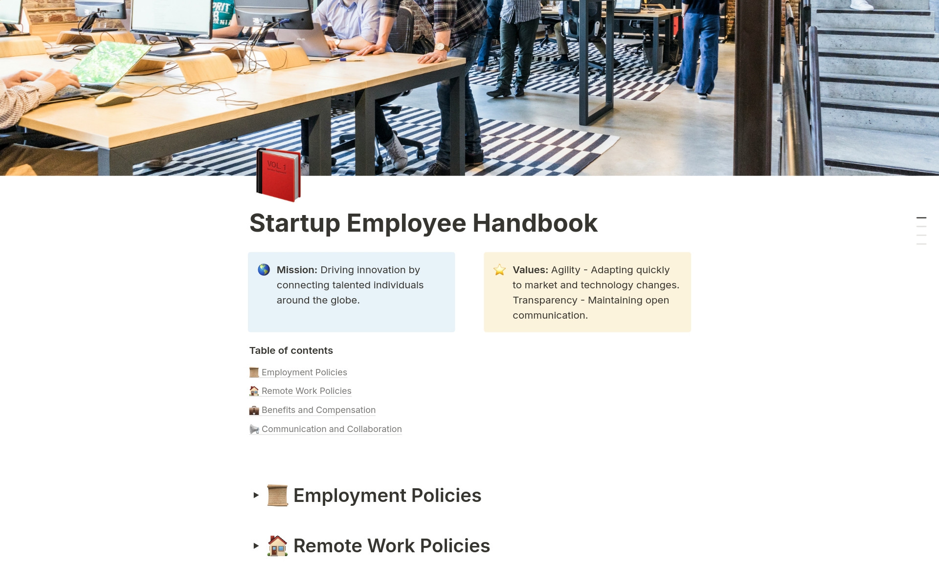 A template preview for Startup Employee Handbook