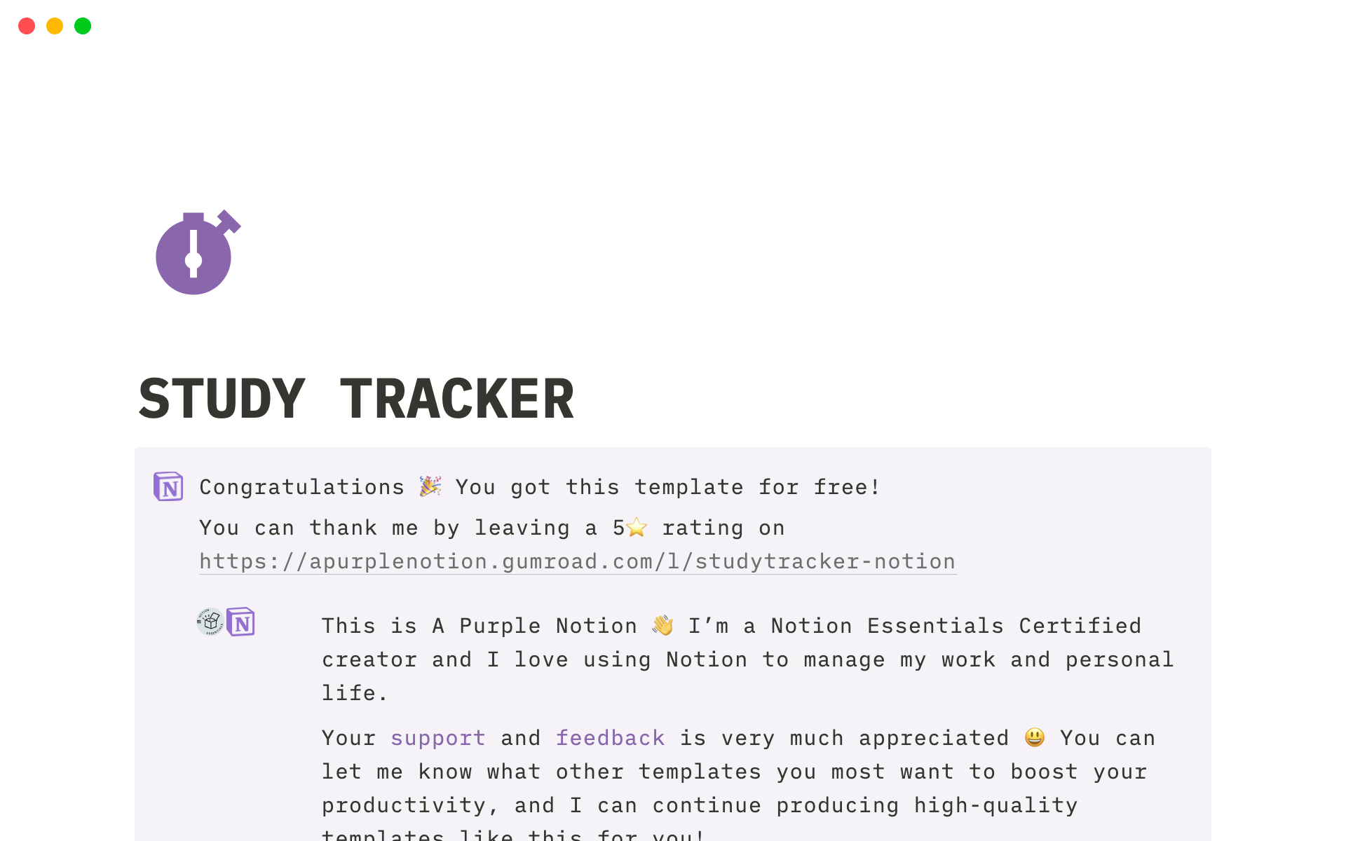 A template preview for Study Tracker