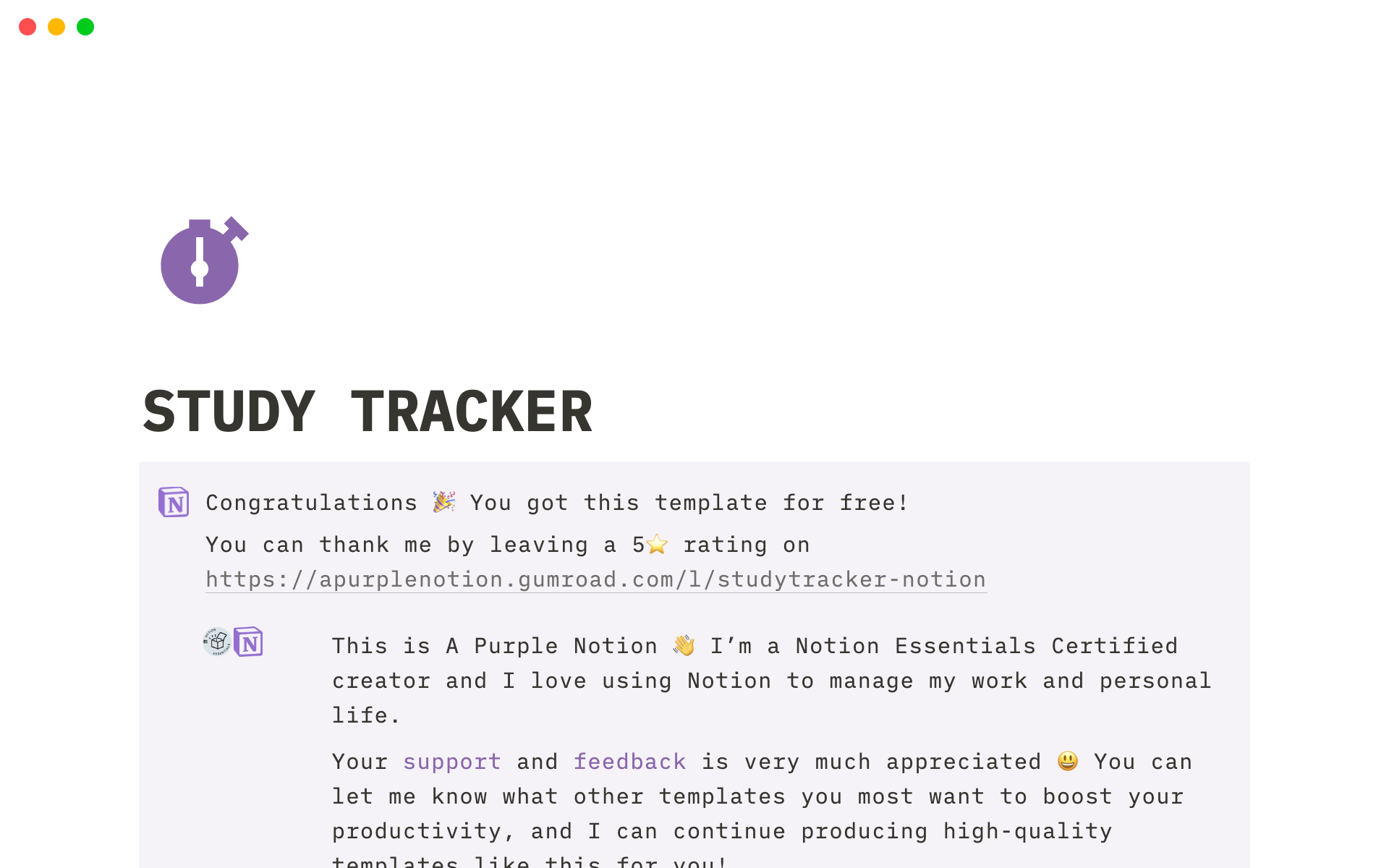 Eine Vorlagenvorschau für Study Tracker