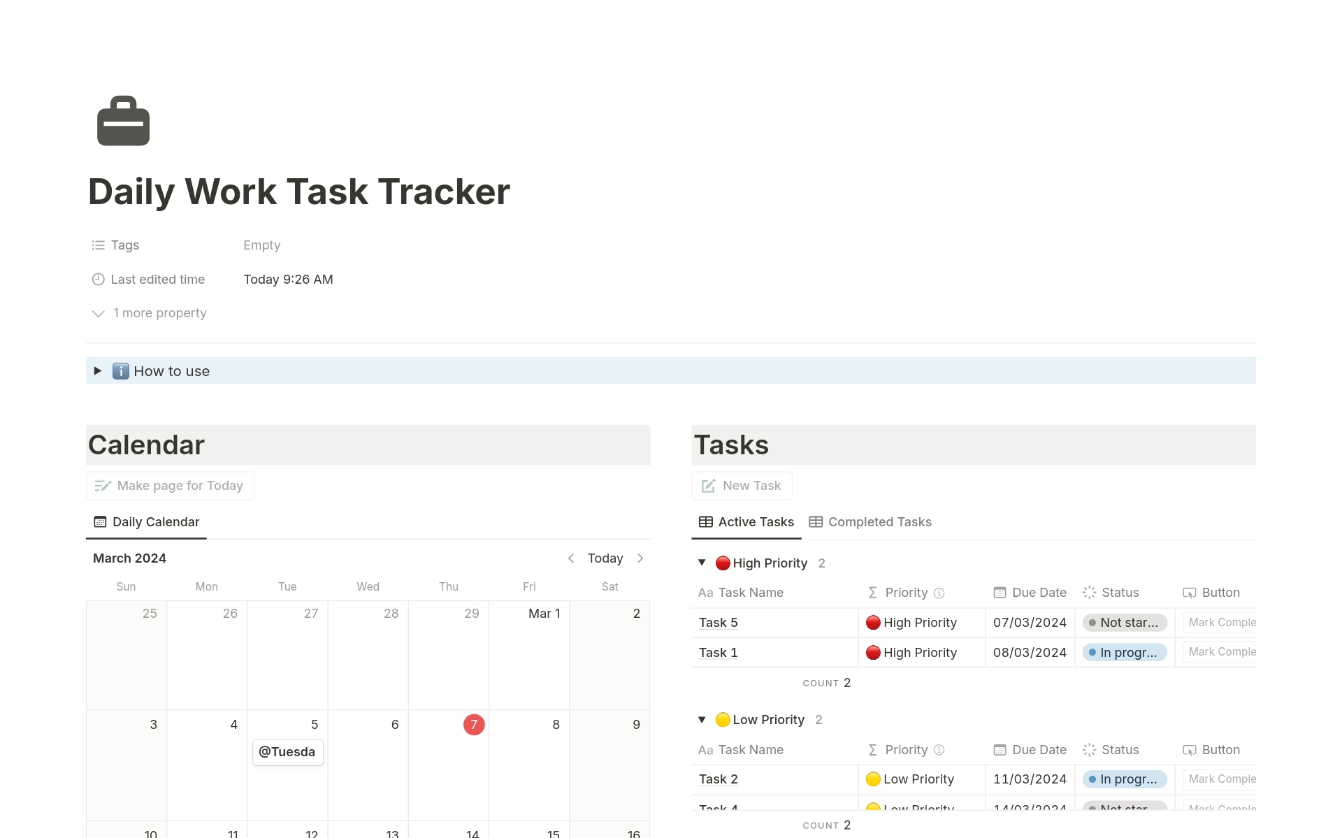 A template preview for Daily Work Task Tracker