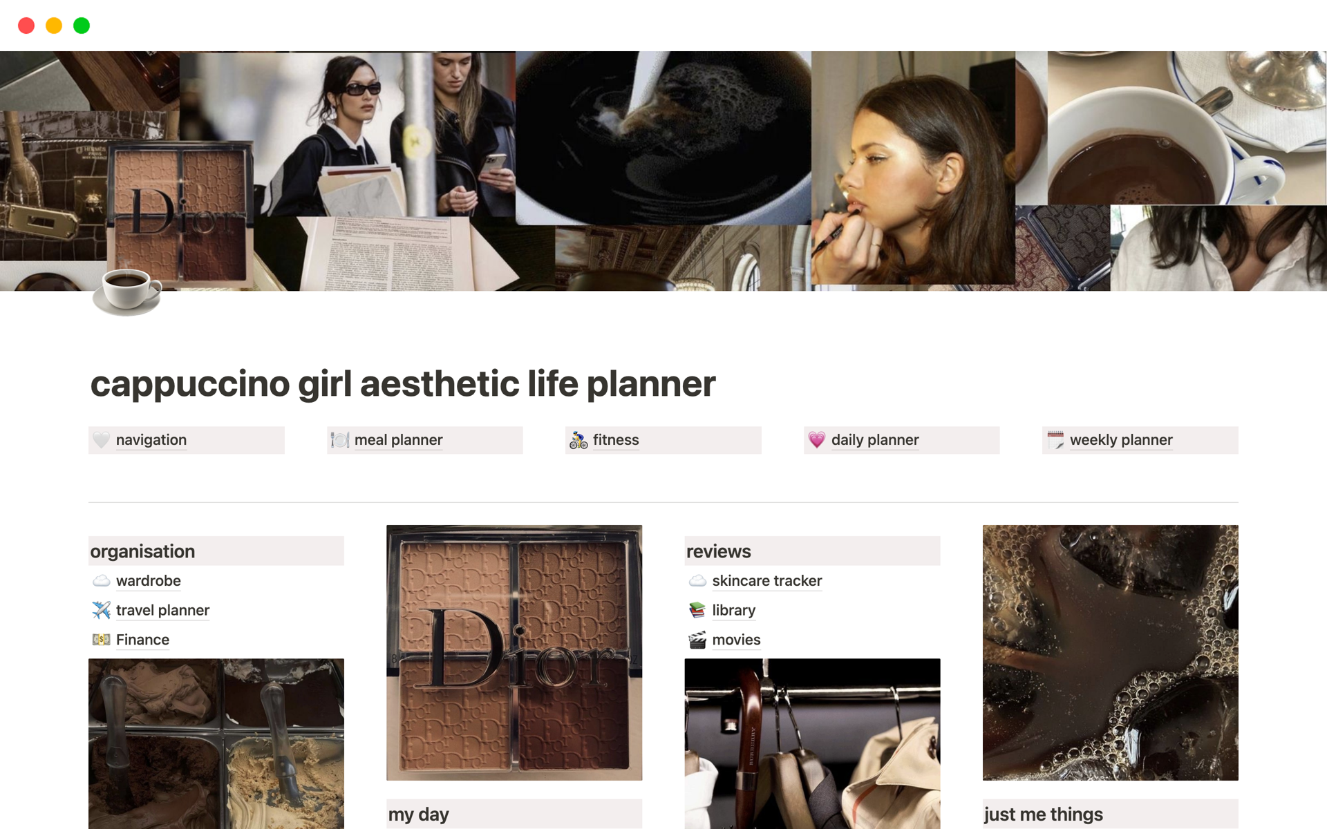 A template preview for cappuccino girl aesthetic life planner