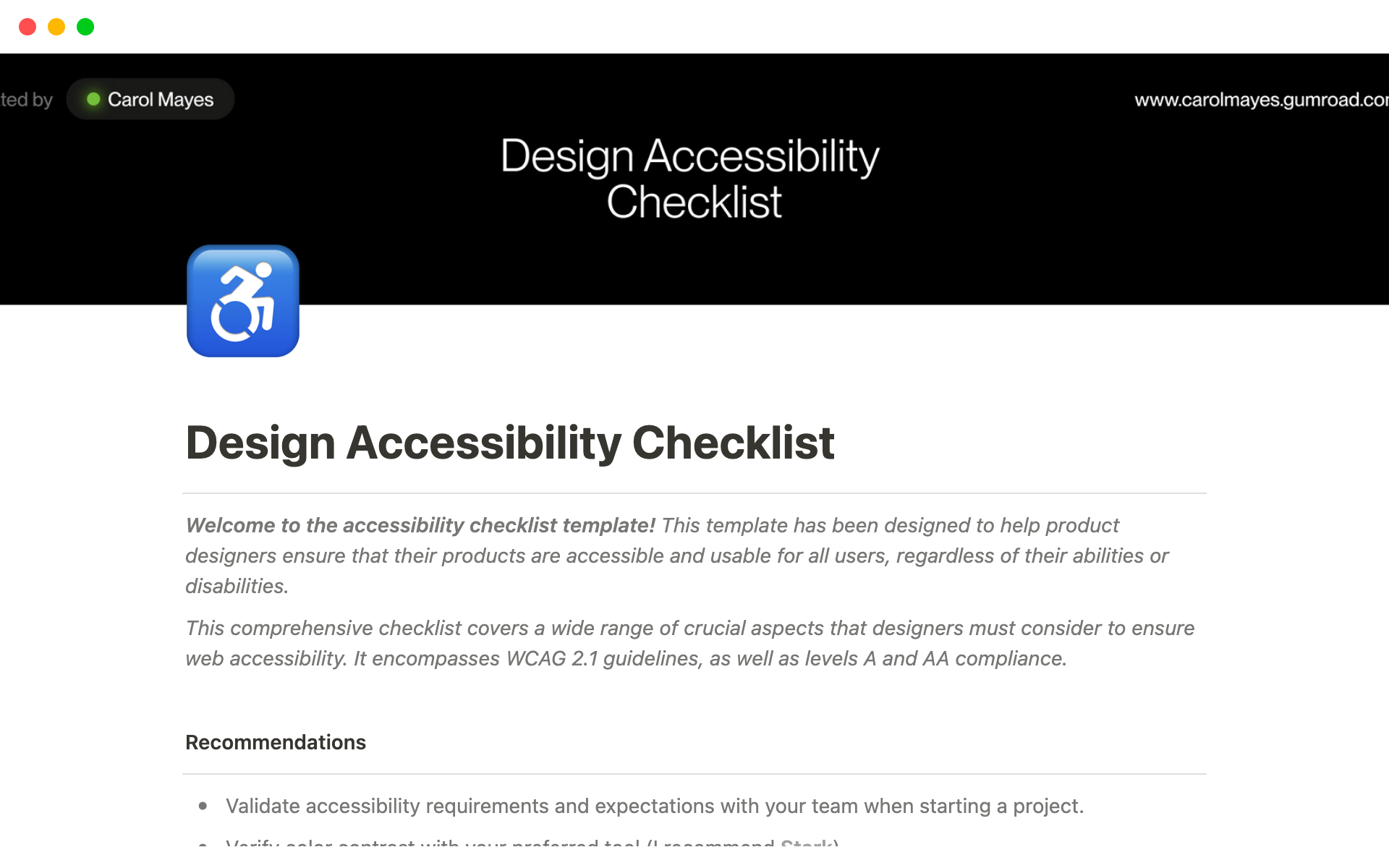 Vista previa de una plantilla para Design Accessibility Checklist