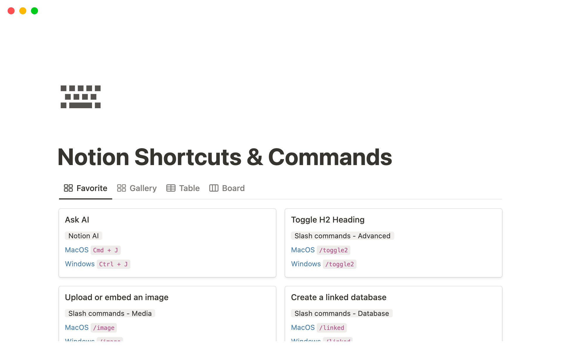 A template preview for 150+ Notion Shortcuts & Commands