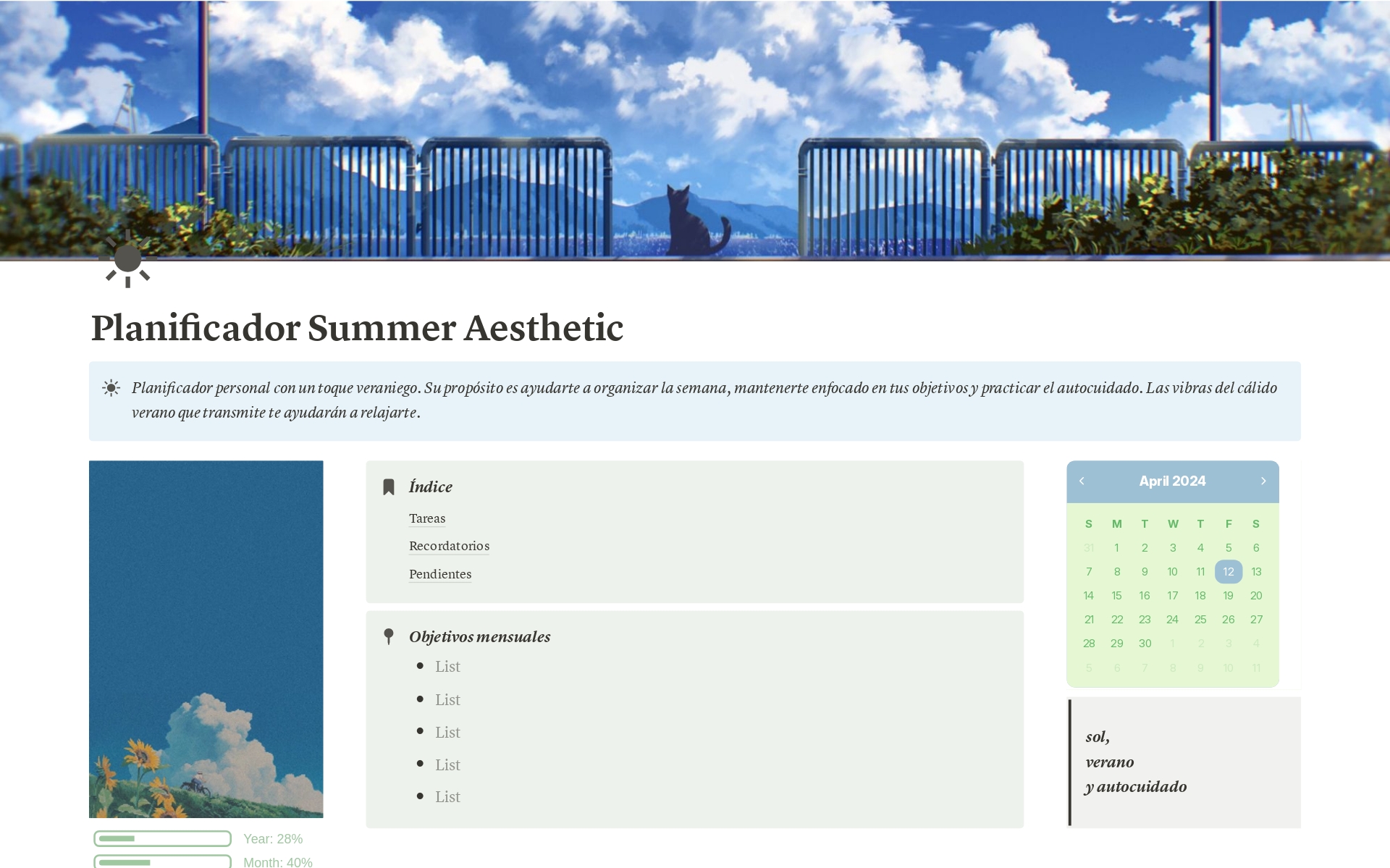A template preview for Planificador Summer Aesthetic