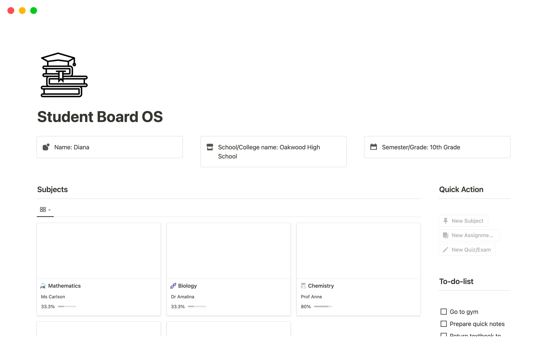 A template preview for Student Board OS