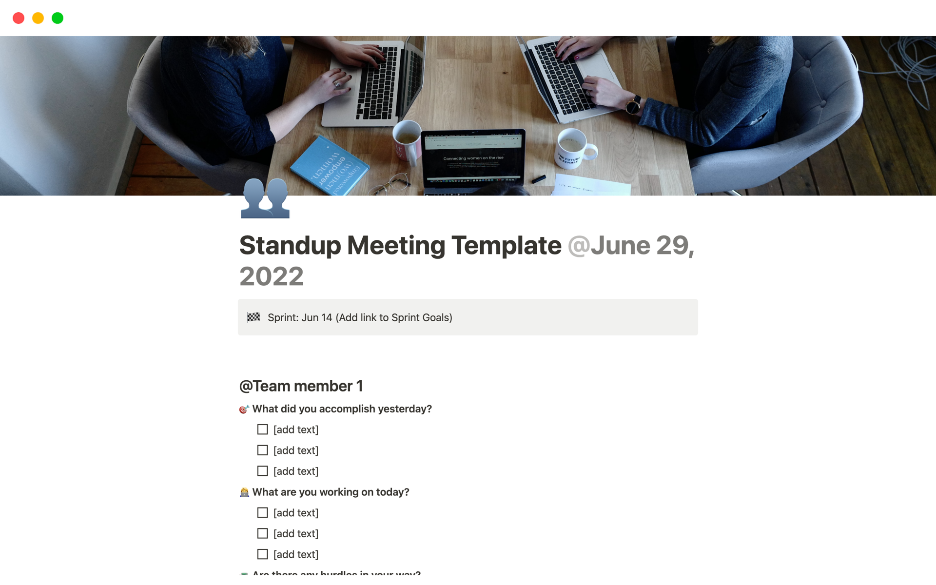 A template preview for Standup Meeting