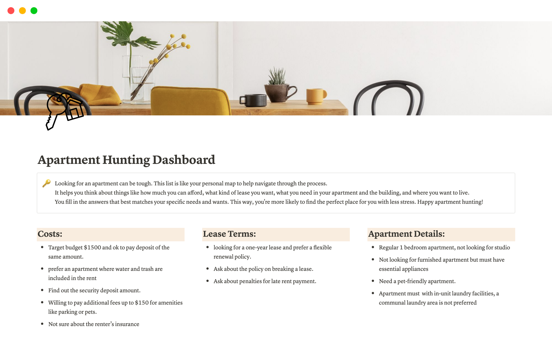 This Apartment Hunting Template is your personal helper in finding a new place. It makes you think about the cost, lease type, and where you want to live, making it easier to choose the right place.